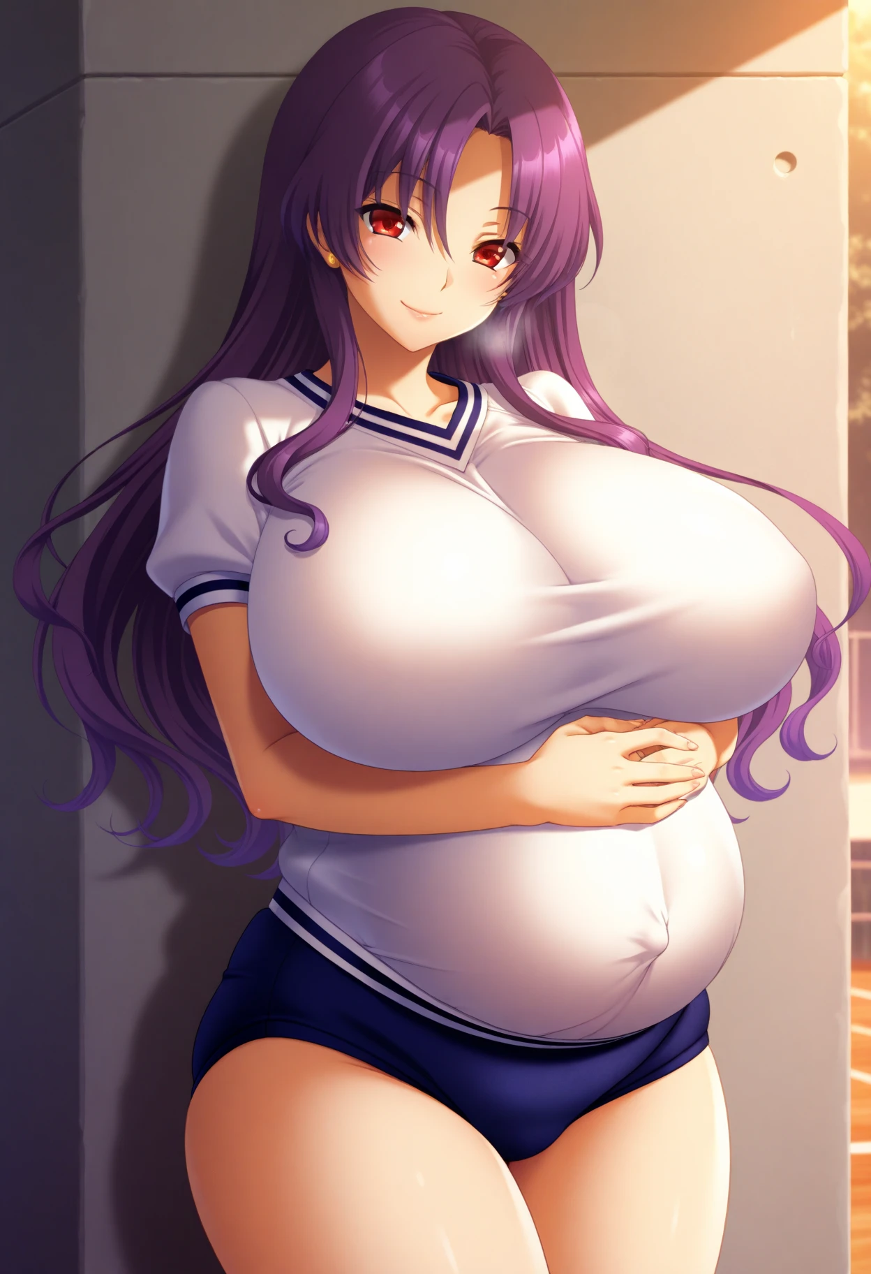 score_9, score_8_up, score_7_up, score_6_up, BREAK source_fate, scathach fate, purple hair, red eyes, 1girl, completely , , lips, mature female, ,  face, dark , pregnant, presenting, ,  , simple background, solo, standing, thighs, uncensored, upper body