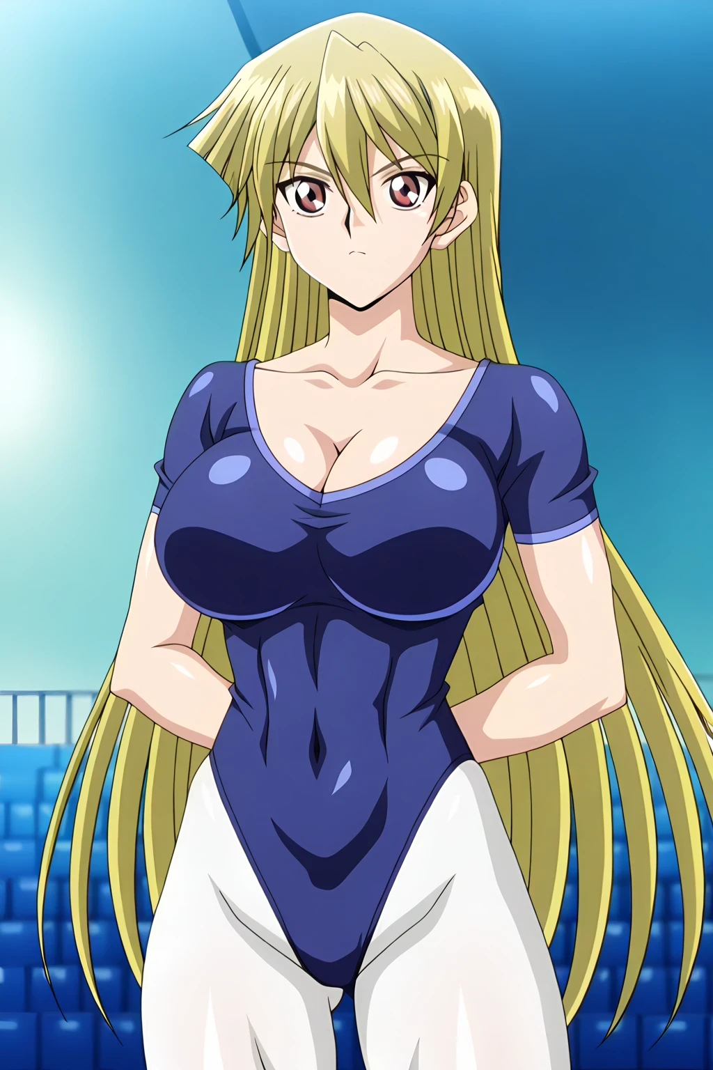 傑作、Best quality、Best resolution、Best image quality、amazing quality、 very aesthetic、 absurdres、anime coloring、anime screencap、anime screenshot、very delicate and beautiful、1girl、 <lora:Asuka_Tenjoin_Noob_Lora:1>、Asuka T、anime female is wearing a blue leotard、blonde hair 、brown eyes 、hair between eyes 、long hair 、straight hair 、very long hair 、A girl doing a yoga pose、anime pose、solo、ballet pose、wearing a leotard、outfit:leotard、anime cool female is wearing a blue leotard、biceps、biceps long head、biceps short head、triceps、triceps medial head、triceps lateral head、triceps long head、brachioradialis、collarbone 、covered trapezius 、covered breasts、big breasts 、cleavage 、large breasts 、covered boobs、large boobs 、covered tits、large tits 、covered deltoids 、anterior deltoids、middle deltoids、posterior deltoids、covered thigh muscles、covered semitendinosus muscles、coveredadductor magnus muscles、wearing a white pantyhose、covered navel、covered abs、covered midriff、slender body、toned body、tall lady、(blue only leotard)、high leg cut、really、cool lady、beautiful lady、brave lady、high leg cut leotard、simple leotard、 basic leotard、athletic leotard、training leotard、plain leotard、no underwear、The collar of the leotard is a U neck、really、anime beautiful female、anime cool female、The leotard has short sleeves、The lower half of the leotard is high leg cut、tight leotard、leotard and pantyhose only、female focus、looking at viewer、cowboy shot、