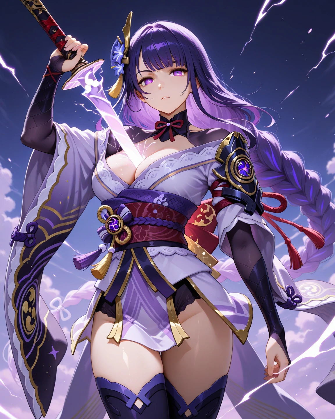 ((Image from the waist up:1.4))Japanese Shrines, (Highest quality，Realistic,masterpiece:1.2，8k wallpaper:1.2)，((Pale skin))，One Girl，women only，((raidenshogndef))((Genshin Impact，General Raiden))，Lightning Particles，Purple Lightning，Light background，cherry blossoms，Purple Theme，Delicate facial features，???? and beautiful anime girls，General Raiden，Long purple hair，Rosy lips，Anime Mouth，?????????????, Beautiful cleavage,Slender figure、Thin legs
