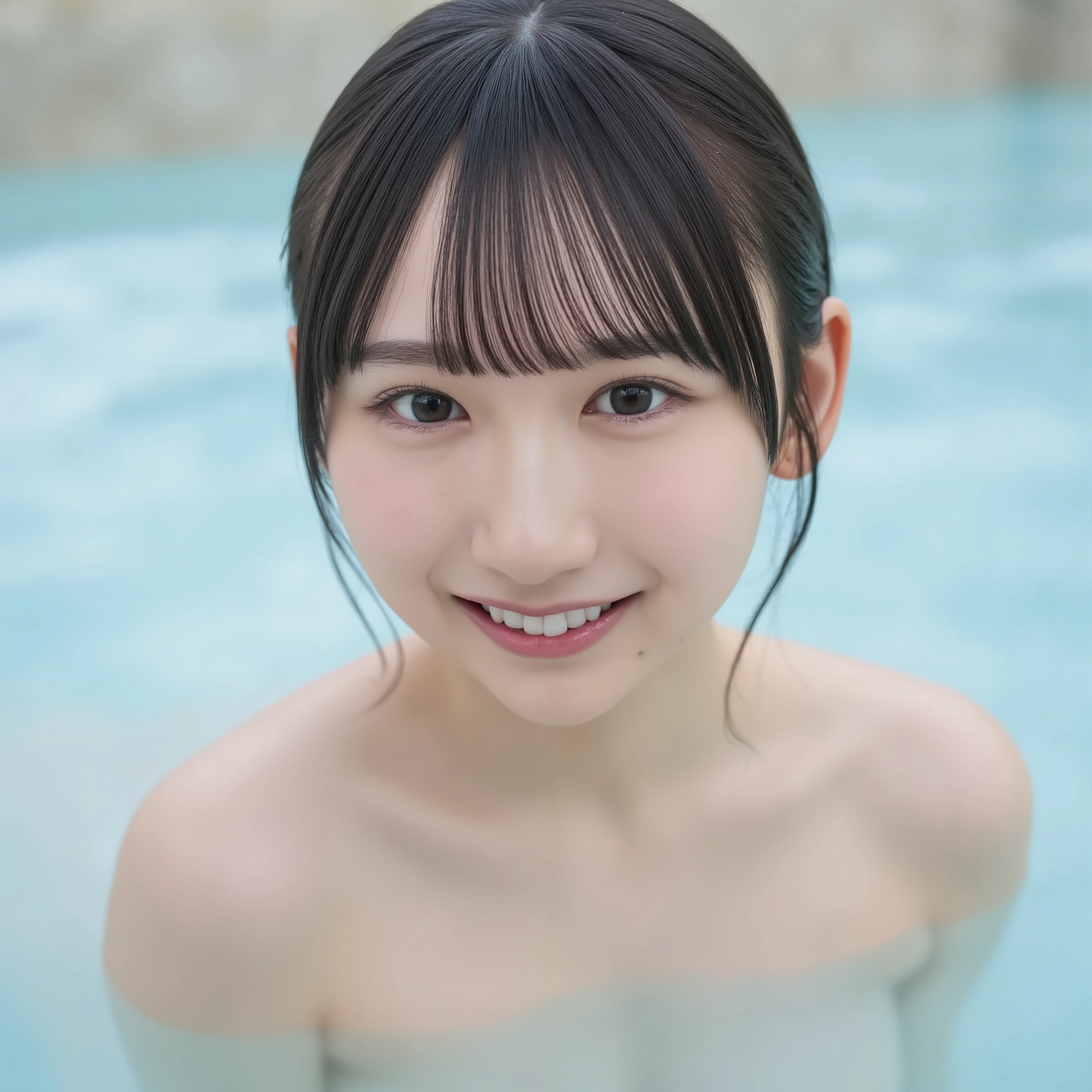 A beautiful girl is in a hot spring. 
She is submerged in the hot spring up to her chest. 
She is facing forward. close-up face, smile, leaning forward,  
The image is very high resolution, with clear skin texture.
The focus is very sharp and focused on her face.
This is an ultra-high resolution image.
Natural makeup that looks like no makeup. 
