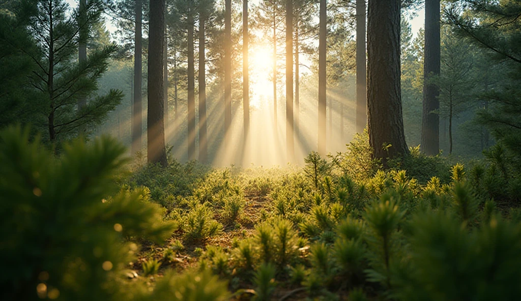 A lush green pine forest bathed in soft morning sunlight, delicate mist ...