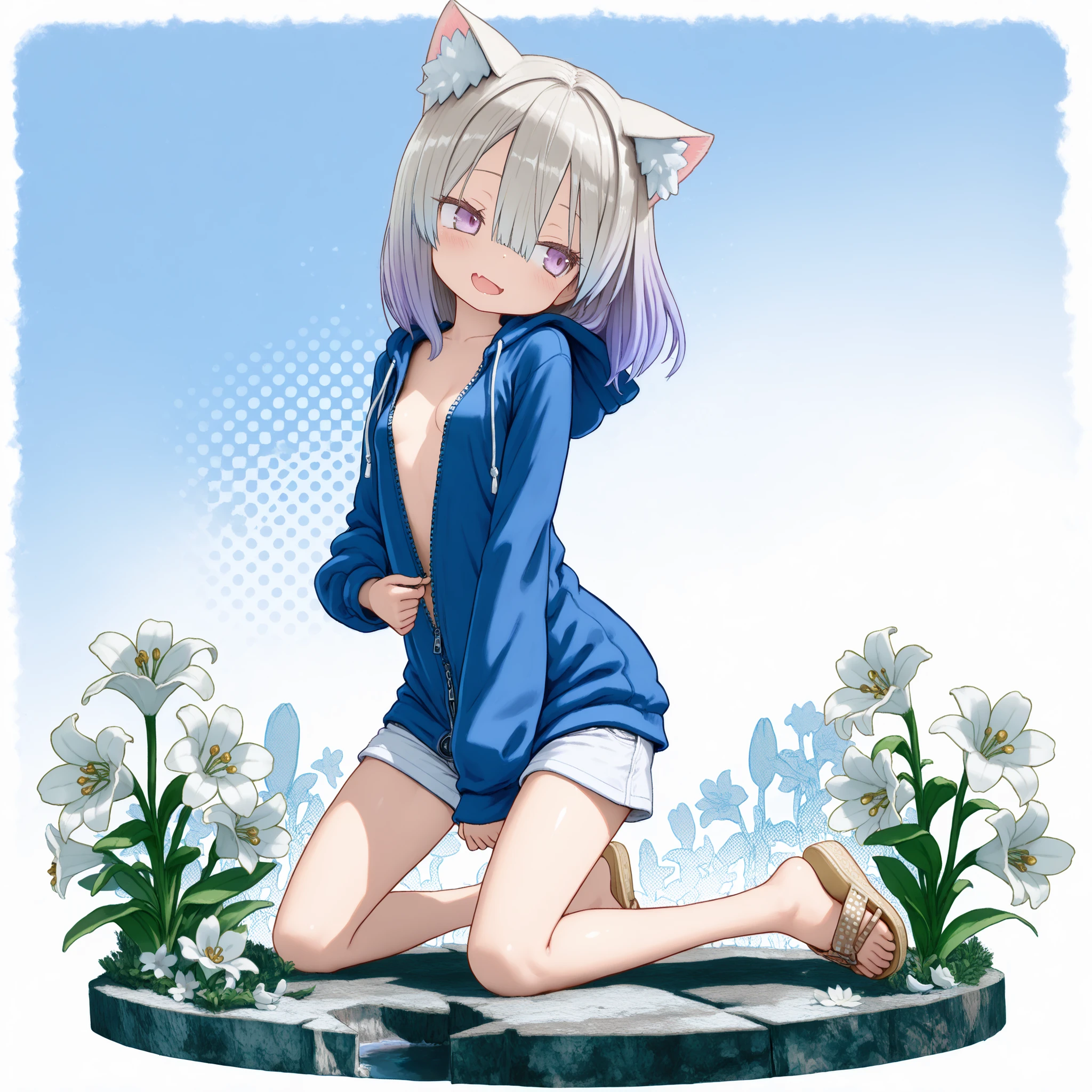 by Tsukushi Akihito, ((Tsukushi Akihito style)), ((Masterpiece)), ((best quality, amazing quality)), ((very aesthetic, absurdres, newest)), (faux figurine:1.5), ((Transparent background, Mini background)), (Asymmetrical background), ((halftone)), (from side), (cinematic lighting), ((1girl)), Cute young Girl, (Healthy Gaunt body, Textured skin, small breast, tilt head), (pale purple eyes, gradient eyes, averting eyes, looking at side), (platinum-gold hair, unruly hair), (hair between eyes, long bangs, long side bangs), gradient hair, blue color Hair Tip, (medium hair), open mouth wide, skin fang, seductive smile, blush, (cute cheeks), glossy lips, pouty lips, (lower eyelashes), (fuzzy cat ears), BREAK, ((Oversized hoodie, loose zipper, striped_hoodie)), white shorts, (Thick soled Ethnic sandals), ((unzipping hoodie, unzip by self, slightly exposed cleavage)), (loose kneeling against the Beautiful many Lilies), aged ground with Beautiful Massive Ivy, White Lilies Blooming, outdoor, ((Idyllic atmosphere)),