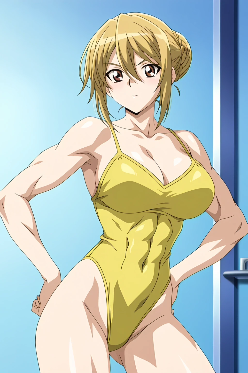 傑作、Best quality、Best resolution、Best image quality、amazing quality、 very aesthetic、 absurdres、anime coloring、anime screencap、anime screenshot、very delicate and beautiful、1girl、 <lora:Asuka_Tenjoin_Noob_Lora:1>、Asuka T、anime female is wearing a yellow leotard、blonde hair 、brown eyes 、hair between eyes 、hair bun 、single hair bun 、A girl doing a yoga pose、anime pose、solo、ballet pose、wearing a leotard、outfit:leotard、anime cool female is wearing a yellow leotard、biceps、biceps long head、biceps short head、triceps、triceps medial head、triceps lateral head、triceps long head、brachioradialis、collarbone 、trapezius 、big breasts 、cleavage 、large breasts 、large boobs 、large tits 、deltoids、anterior deltoids、middle deltoids、posterior deltoids、thigh muscles、semitendinosus muscles、hamstrings、adductor magnus muscles、bare shoulders、bare arms、bare hips、bare crotch、bare thighs、bare legs、covered navel、covered abs、covered midriff、slender body、toned body、tall lady、(yellow only leotard)、high leg cut、really、cool lady、beautiful lady、brave lady、ballet shoes、high leg cut leotard、simple leotard、 basic leotard、athletic leotard、training leotard、plain leotard、ballet leotard、no underwear、camisole strap leotard、really、anime beautiful female、anime cool female、The top half of the leotard is a camisole、The lower half of the leotard is high leg cut、tight leotard、leotard only、female focus、looking at viewer、cowboy shot、