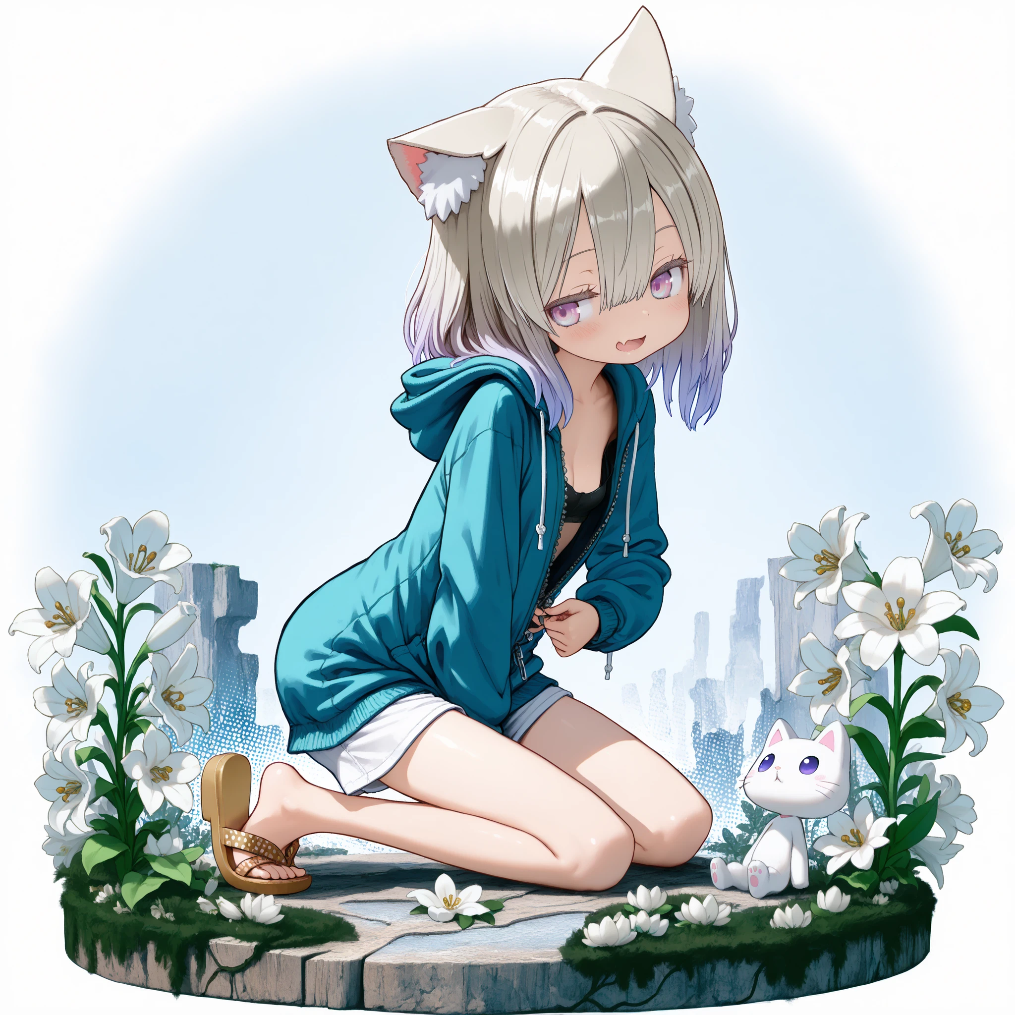 by Tsukushi Akihito, ((Tsukushi Akihito style)), ((Masterpiece)), ((best quality, amazing quality)), ((very aesthetic, absurdres, newest)), (faux figurine:1.5), ((Transparent background, Mini background)), (Asymmetrical background), ((halftone)), (from side), (cinematic lighting), ((1girl)), Cute young Girl, (Healthy Gaunt body, Textured skin, small breast, tilt head), (pale purple eyes, gradient eyes, averting eyes, looking at side), (platinum-gold hair, unruly hair), (hair between eyes, long bangs, long side bangs), gradient hair, blue color Hair Tip, (medium hair), open mouth wide, skin fang, seductive smile, blush, (cute cheeks), glossy lips, pouty lips, (lower eyelashes), (fuzzy cat ears), BREAK, ((Oversized hoodie, loose zipper, striped_hoodie)), white shorts, (Thick soled Ethnic sandals), ((unzipping hoodie, unzip by self, slightly exposed cleavage)), (loose kneeling against the Beautiful many Lilies, hunched over), aged ground with Beautiful Massive Ivy, White Lilies Blooming, outdoor, ((Idyllic atmosphere)),