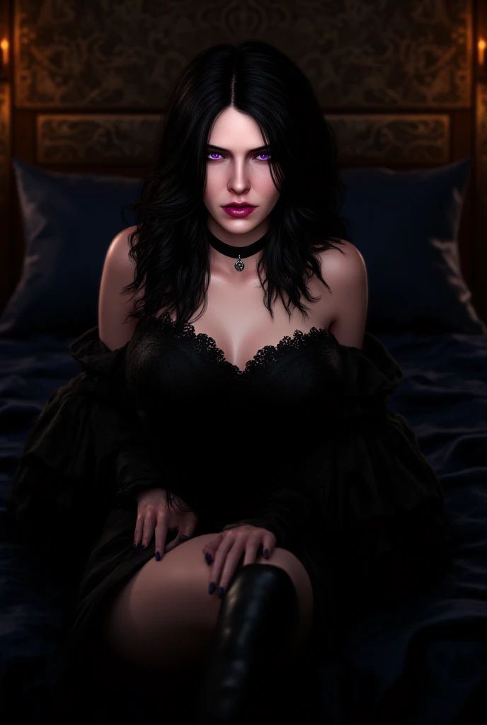 score_9_up, score_8_up, score_7_up, 1girl, solo, mature female, ((Yennefer)), black wavy hair, purple eyes, red lips, parted lips, fit slim body, ((perfect medium erected )), (((purple lace lingerie, black choker))), (((dark bedroom, candles on walls,))), perfect model body, doing perfect  in bed to a man, , sucking 