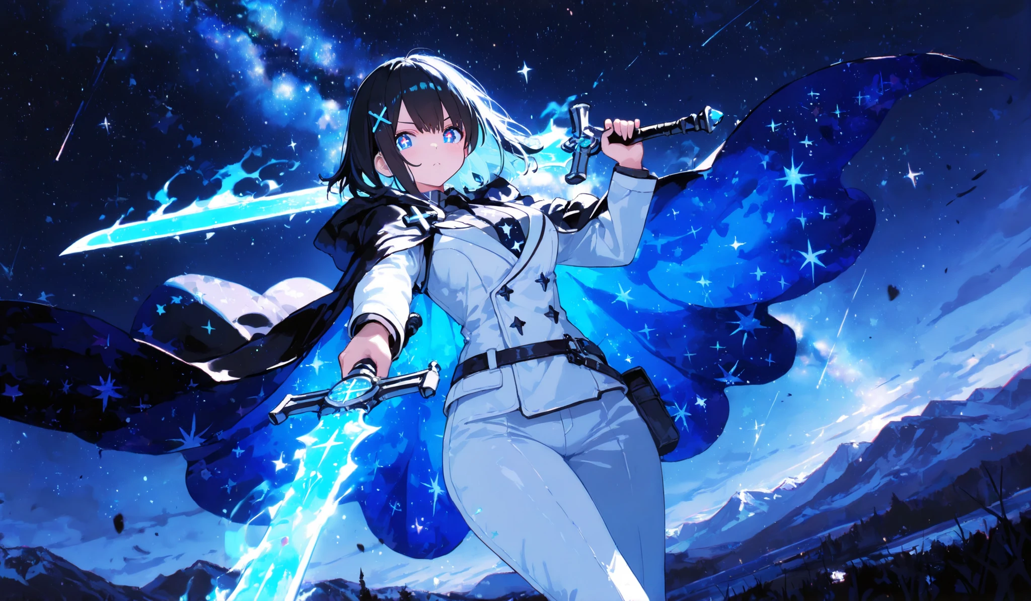 1girl,young woman,x-shaped pupils, x.x,Highest Quality, masterpiece, detailed expression, Vast starry sky, Long Expanding Cloak, stars pattern on a Cloak, deep blue eyes, Long messy black hair,light blue inner hair,star pattern on inner hair, mountains, Quiet Night, moonlight, Magical Light, Illustration, fantasy art, dreamy composition,holding two flaming blades,dual wield,blade color is cerulean and purple,determined expression,looking at viewer,scientist suit,black tie,star pattern on tie,dynamic angle,large chest,character closeup,score_9,wide hips,battle stance,x-shaped hairpin,ethereal cloak,voluptuous,side view