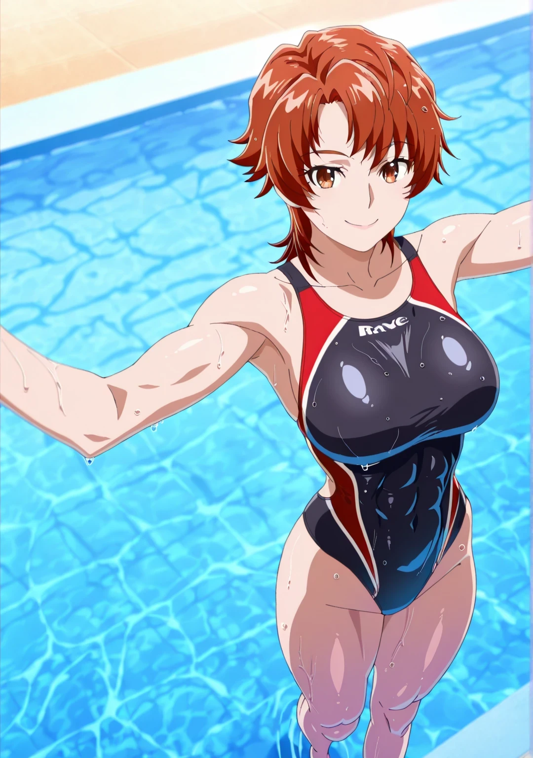 傑作、Best quality、Best resolution、Best image quality、amazing quality、 very aesthetic、 absurdres、anime coloring、anime screencap、anime screenshot、1woman、natsuki rin is a female、short red hair、short brown hair、brown eyes、flipped hair、spiked hair、solo、anime woman is wearing a black and red swimsuit、anime woman is wearing a competition swimsuit、high leg cut racing swimsuit、outfit:high leg cut swimsuit、wet swimsuit、high leg cut racing swimsuit、black and red competition swimsuit、brave sexy、energetic sexy、full body:: Sunny weather::、tall woman、brave smile、energetic smile、Wear a competition swimsuit、high leg cut、commission of a best resolution、sexy atmosphere、brave atmosphere、energetic atmosphere、black and red high leg cut racing swimsuit、collarbone、trapezius、biceps、biceps short head、biceps long head、triceps、triceps medial head、triceps lateral head、triceps long head、anterior deltoids、middle deltoids、posterior deltoids、brachioradialis、thigh muscles、semitendinosus muscles、hamstrings、adductor magnus muscles、covered breasts、very big breasts、very large breasts、covered boobs、large tits、covered midriff、covered abs、covered stomach、covered navel、bare shoulders、bare arms、bare crotch、bare thighs、bare legs、woman is wearing a Swimming Suits for Competitions、woman in a female competition swimsuit、Swimming Suits for Competitions、black and red competition swimsuit、racing back、looking at viewer、cowboy shot、