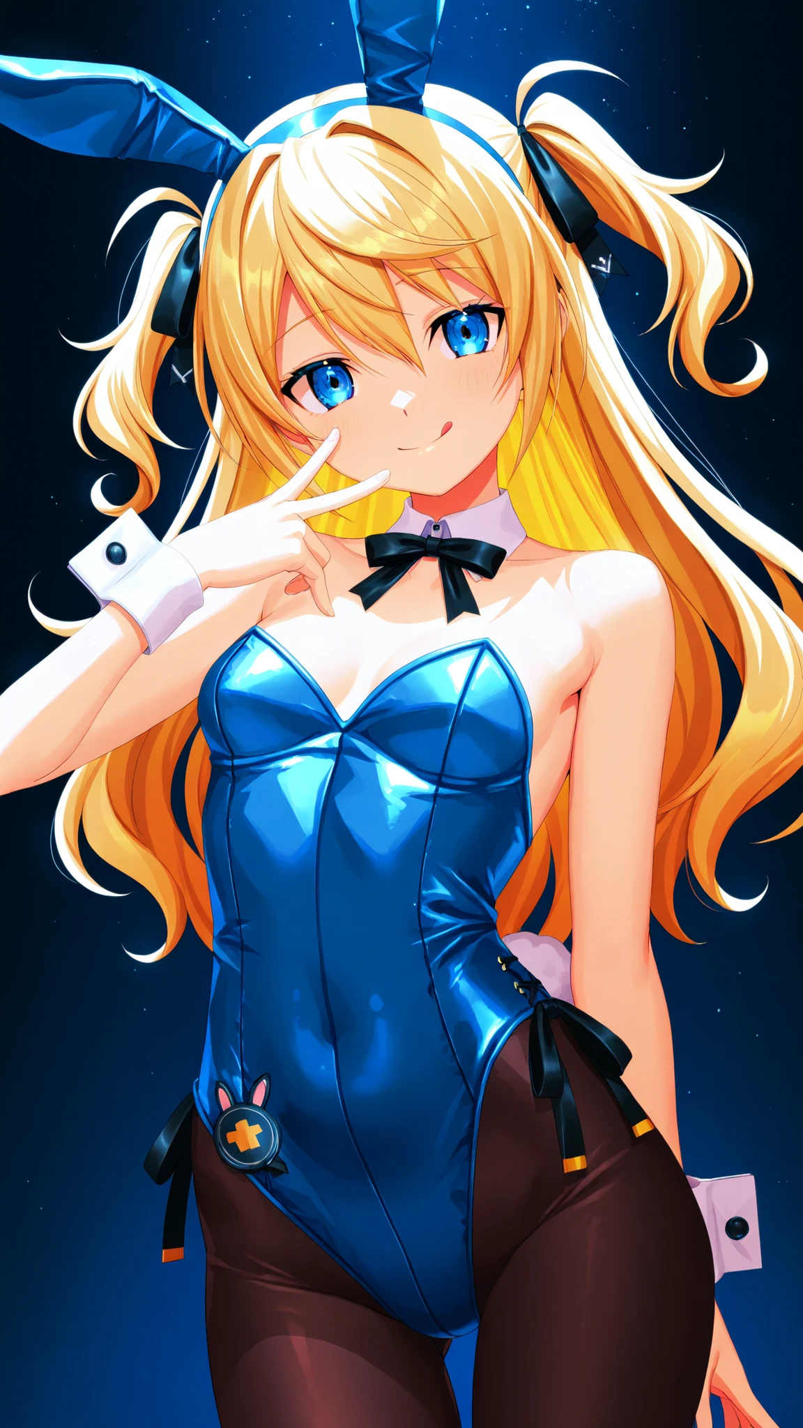 beautiful girl with long golden hair、blue bunny girl costume、blue eyes、twin-tail hair、smiling expression、Slender and petite、dark and mysterious atmosphere、black ribbon、 night background、moonlight、Detailed Eyes、high quality、anime style、--v 5 --ar 2:3 --q 2