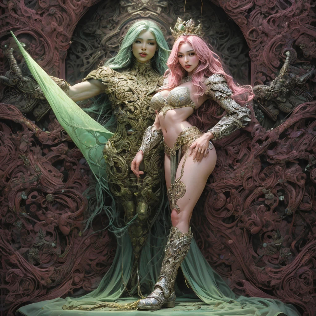 woman, green skin, ghoulish smile, frightening, macabre, ghastly, terror, big teeth, thin teeth, green dirt, yellow eyes, black dirt eye, dirt face, contortionist, full body, very thin, no , no  , very thin, yellow hair, messy, brown dress, long dress, long sleeves, torn, rags, big nails, black claws, dark forest, dark, no light, evil, villain, add_detail:2