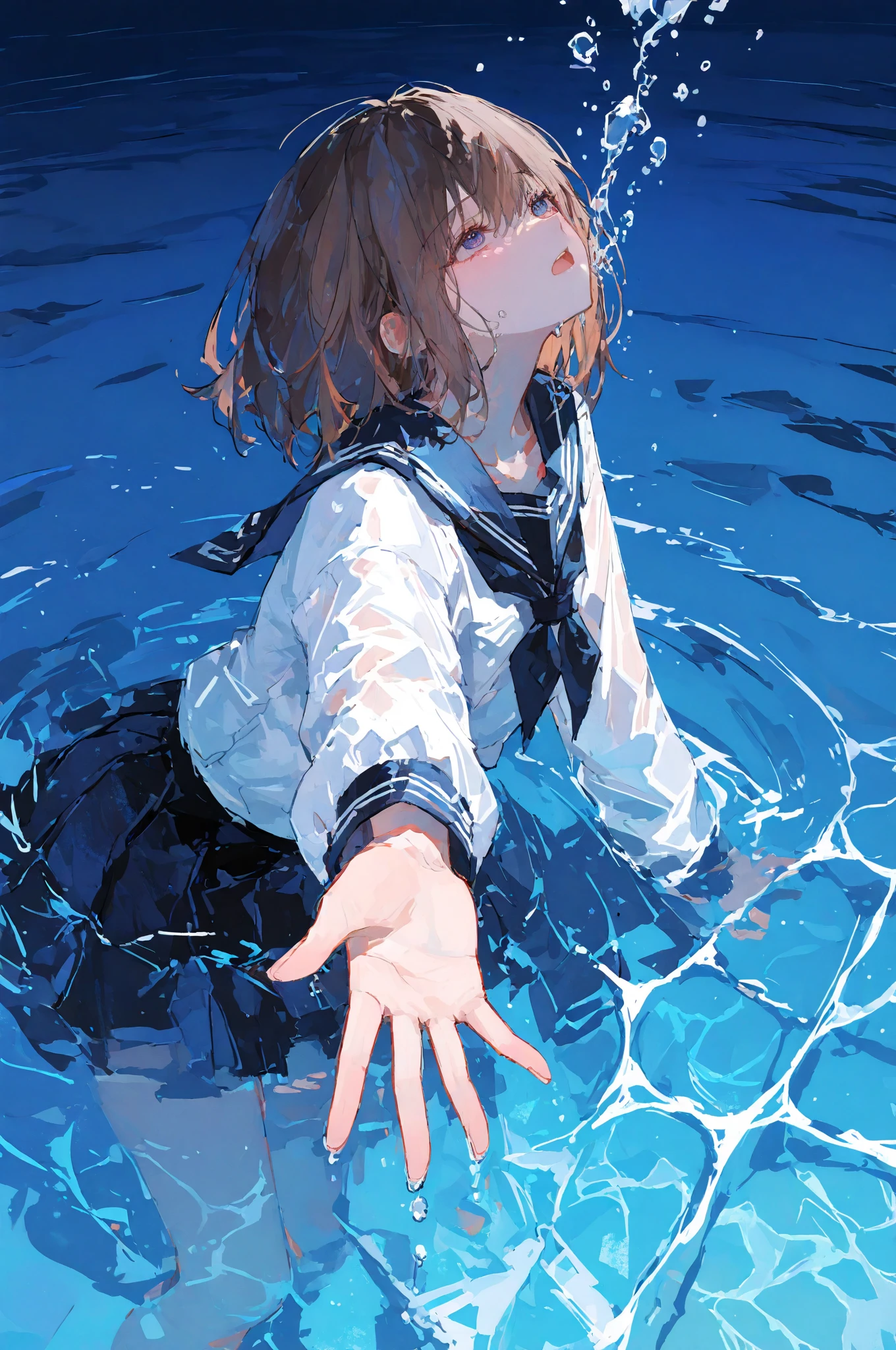Anime girl in a pool with her arms out - SeaArt AI