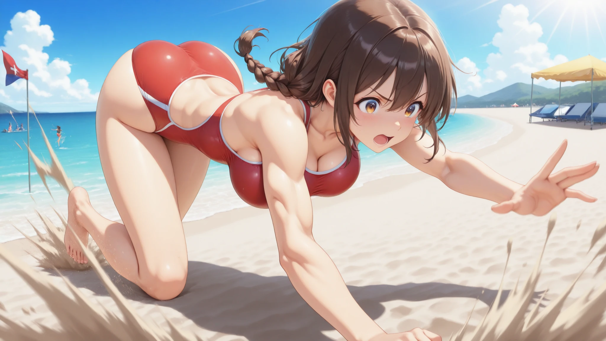 masterpiece, best quality, beautiful art, high resolution, well formed hands, body and fingers, 1 woman, solo, Hikari Hazakura  adult, big breasted, cleavage, hair ribbon, wearing a Tyris Flare outfit, full body, sexy and  bikini, gorgeous legs and thighs , dancing seductively and erotically, turning backwards and forwards, showing her back and front, showing her butt,   t -back, bikini , smiling joyfully, looking at the viewer, , beach environment 