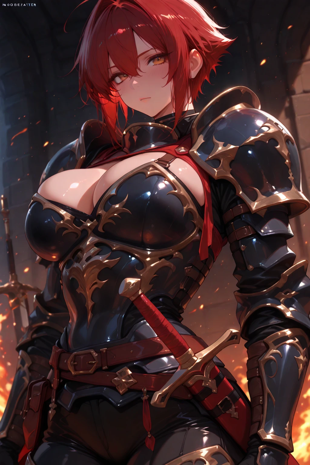 masterpiece,best quality, knight, long hair, red hair, ((Ponytail)), yellow eyes, perfect face, black armor,, ((exposed arm)), red_ornaments, red_tabard, , belt, ((big )), exposed belly, smiling, 1girl, strikes, Perfect face, thick thighs, ,add_detail:1, add_detail:0, add_detail:0.5,
