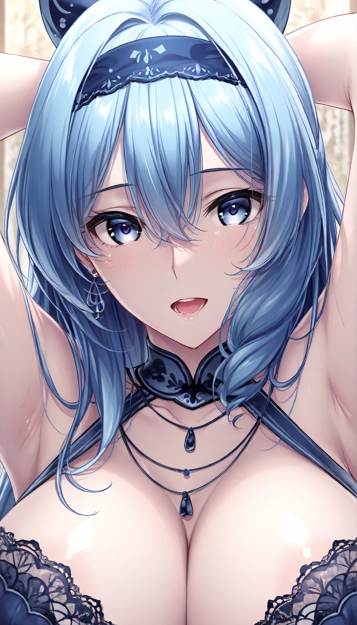 {{masterpiece}}、{{Highest Quality}}、{{Super Detailed}}、Pretty Eyes、Perfect Human Body、(１ adult woman、solo)、pale blue hair、(The inner color is white )、(Watery eyes )、 Slim、big boobs、beautiful face、{{very delicate and beautiful}}、high definition、、dancer style lace sexy outfit、place your hands behind your head、necklace、earrings、tall women、navy blue headband、(Close Range:1.2)、opens her mouth wide