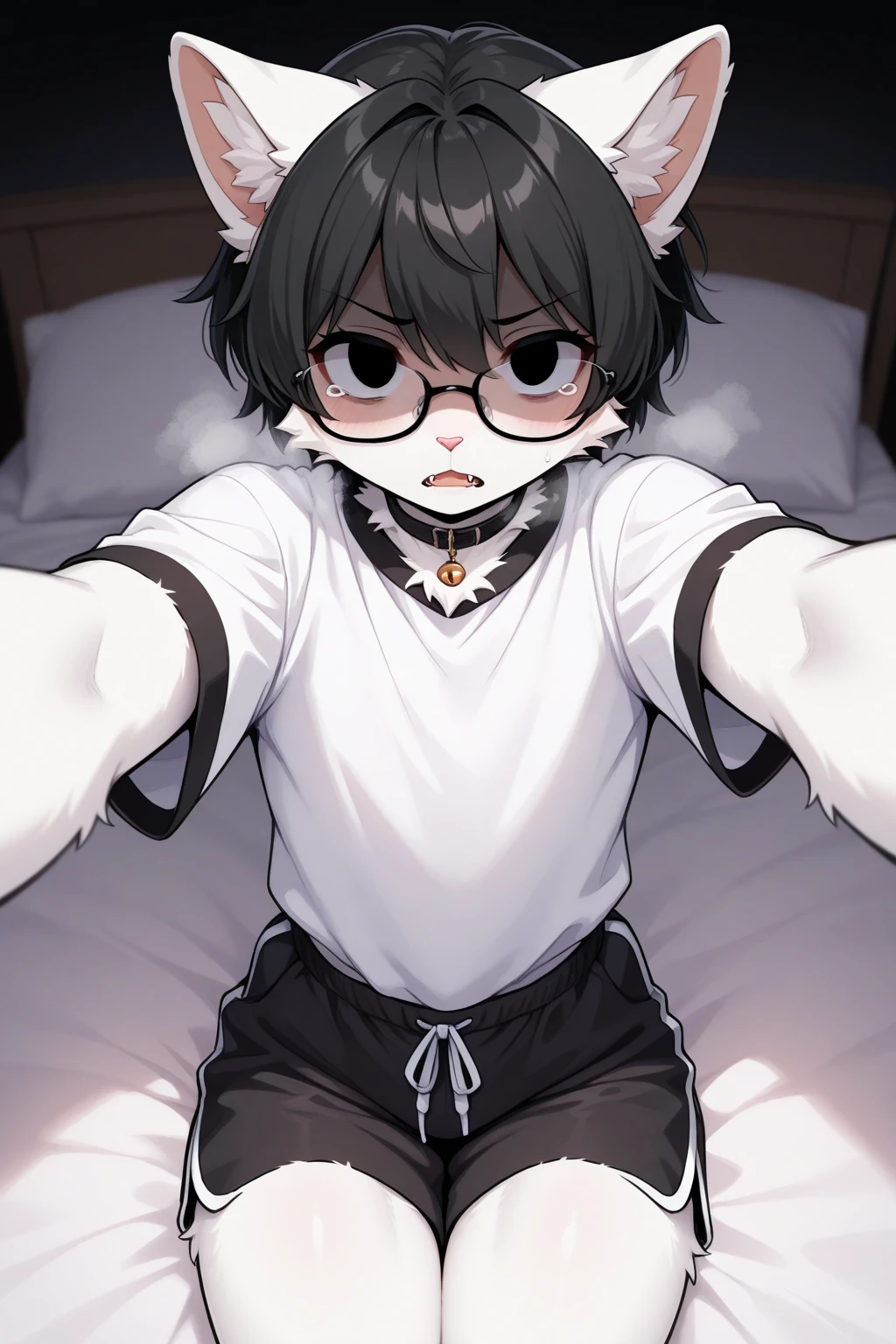 eye hiding coif,Blindfold,,1girl,Girl with horse ears and tail,Silver Hair,Red eyes,Curly medium short hair,Square glasses,Wearing a large white coat,hoodie,,Dairy-free,garter belt,Troubled expression,,Sit on a chair,desk,Character portrait,full Art,比基尼,,Open ,,