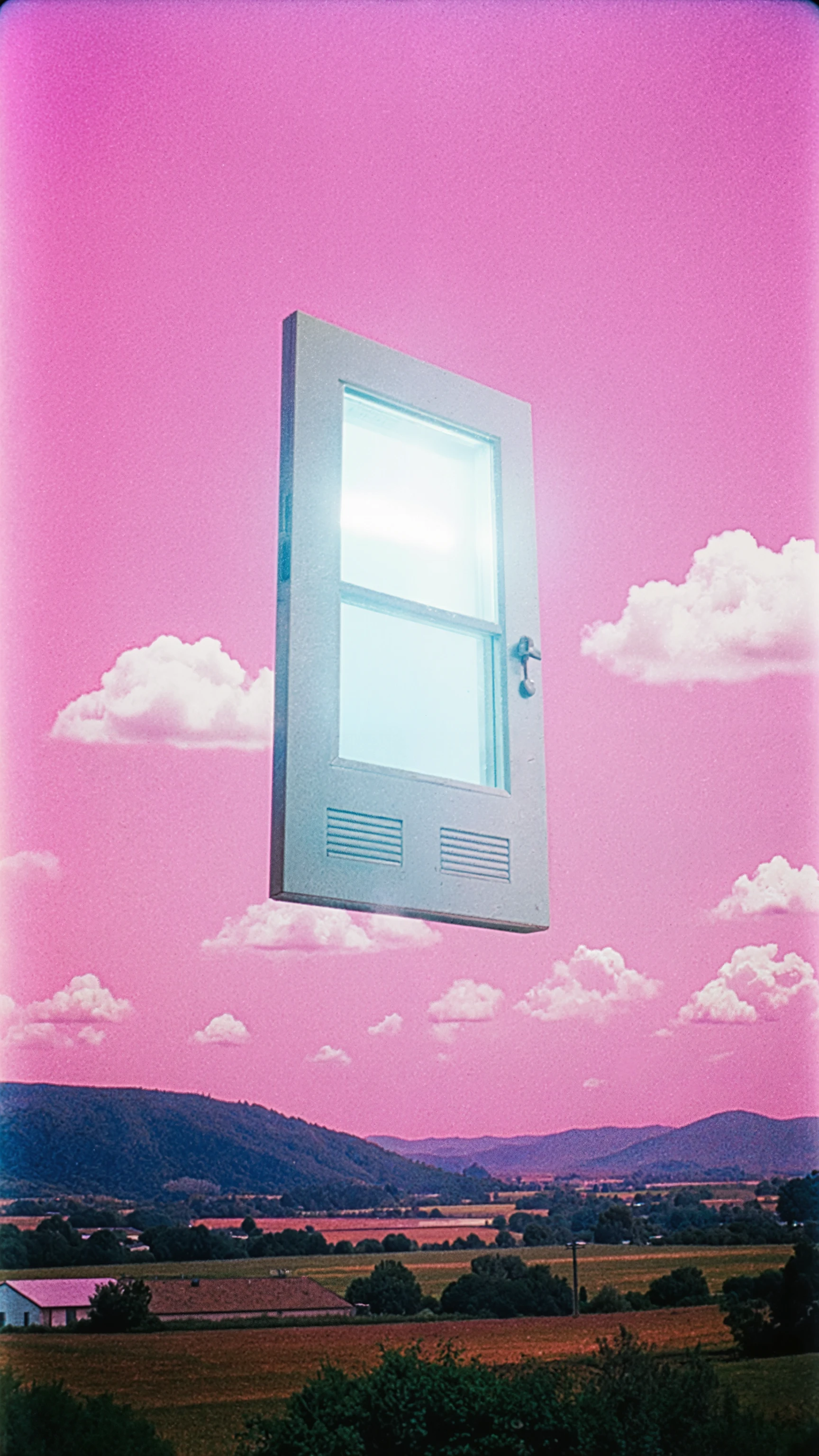 80,90s-era picture quality, low quality,Low-resolution photo,flat photos,dreamcore aesthetic, nostalgic yet eerie atmosphere, wide view,landscape,flying a window,pink sky,White clouds,A white door floating in the sky,flickering fluorescent light, hazy air, surreal colors, analog film texture, slightly out of focus, sense of loneliness, cinematic composition, unreal dreamlike feeling, vaporwave tones,The atmosphere of the 90s,CRT TV glow, volumetric light,blown out highlights, ethereal mood,vaporwave