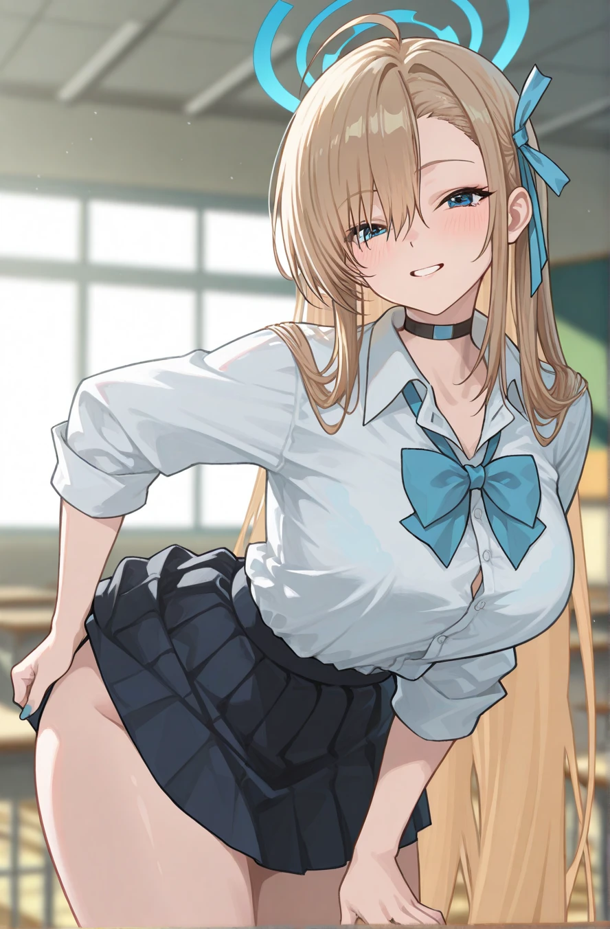 (best quality:1.5, highres, UHD, 4K, detailed lighting, shaders), blonde ponytail, gyaru, , school uniform, wet panties, thighs, skirt lift, (from below view, close shot,  focus, blushing:1.1,  on :1.2), street background, smiling
