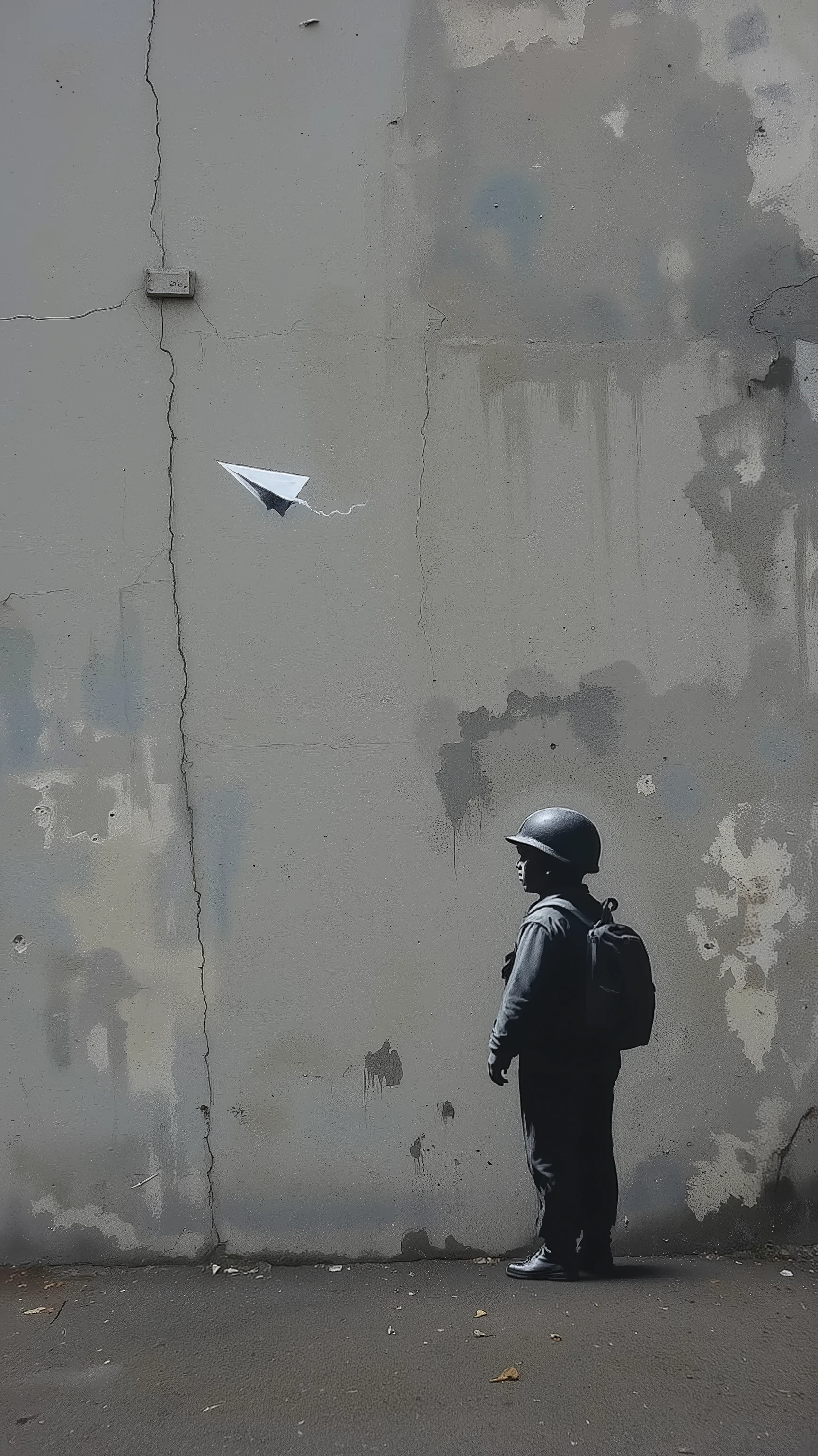 Banksy artstyle,modern art,Spray-painted graffiti art,from front ,A boy wearing a military helmet is flying a white paper airplane,Full-body,The helmet is an adult size, Wearing a military backpack,accentuating the imbalance,The dynamic motion immediately after launching a paper airplane,Paper airplane flying away,Wall deteriorated over time,The boy is depicted as slightly smaller in size relative to the wall,realistic photograph,rmbrnksyCE style,banksyart,Depressive Black
