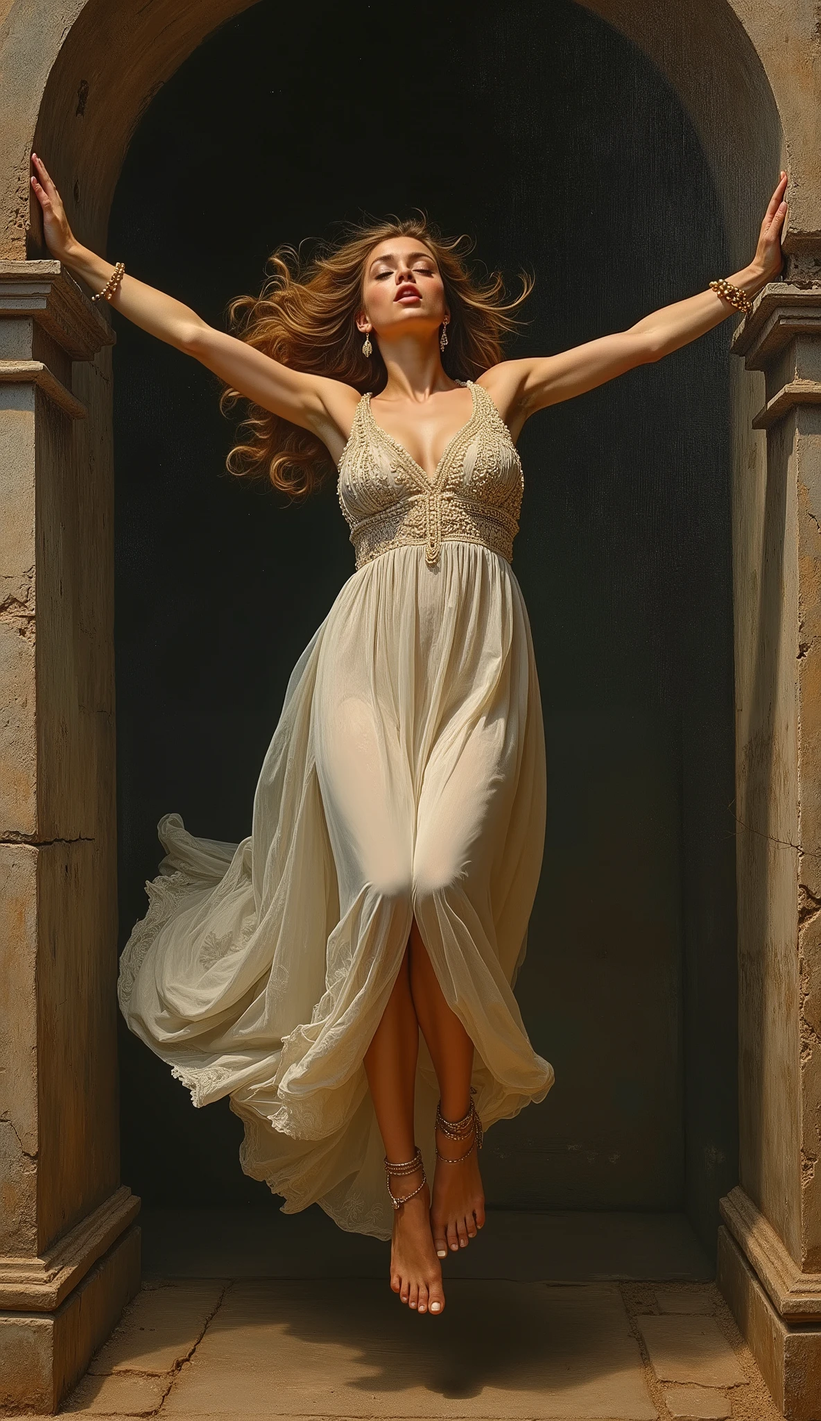 created a painting with oil painting with huge details , In the style of the artist DaVinci , The art of the era of European Renaissance , A fully detailed painting of a beautiful Arab woman ( 28 years old) wearing a bride's dress and jumping from the top of the fence with her legs barefoot . wearing a long and sexy dress and her bare legs decorated with gold anklets. The background shows total darkness. The picture seems cinematic. The angle of view is not taken in front of the girl ( with a full picture of the girl inside the frame and the view from the front )