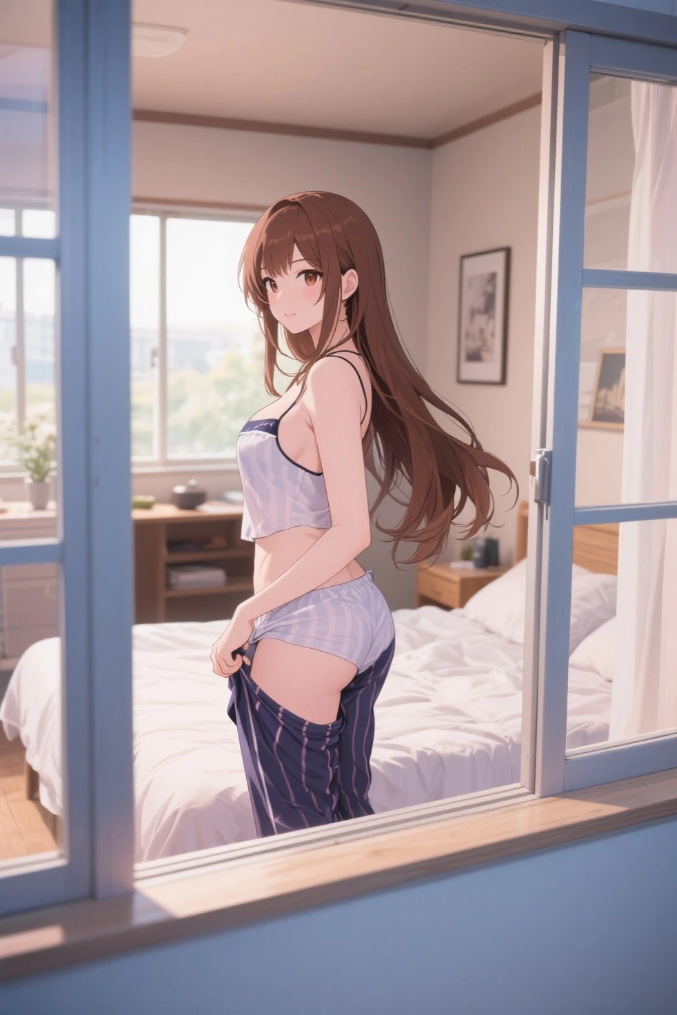 A beautiful girl walking with her phone, anime girl, inside the house, ???????????, brown hair, gradient hair with red tips, long hair, twintails, wavy hair, asymmetrical bangs, shiny hair, cat hair ornament, aqua eyes, glowing eyes, one eye closed, pupils sparkling, earrings, grin, blush, seductive smile, big rounds ???????, wiggles her ????, shows her back, ???????????, from below, nice and round ????????, full body, dolphin shorts, pink camisole, high detail, anime, anime style, chiaroscuro, framed, pov, wide shot, panorama, atmospheric perspective, Wide-Angle, 85mm, Sony FE, 8k, super detail, UHD, retina, masterpiece, accurate, anatomically correct, textured skin, highres, best quality, 16k