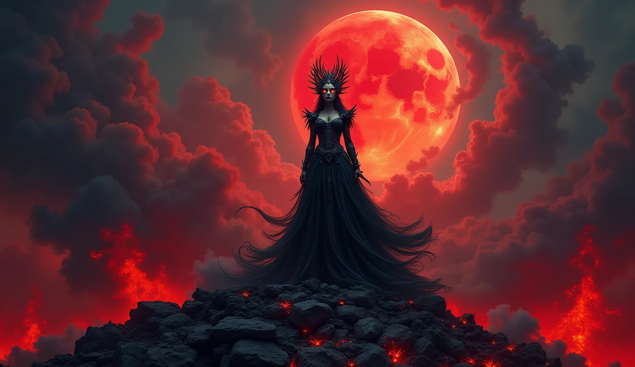 A dark queen rising from the ashes of a burning world, standing atop a mountain of blackened rock and lava, her tattered gown flowing like smoke. She wears a jagged crown forged from obsidian and bone, her eyes glowing faintly with infernal light. Behind her, a blood-red moon looms through swirling clouds of fire and ash. The scene is cinematic, dramatic lighting, 3D ultra-detailed, gothic fantasy atmosphere, molten textures, embers in the air, deep red and black palette, 16:9 ratio, masterpiece, 128K HDR quality.