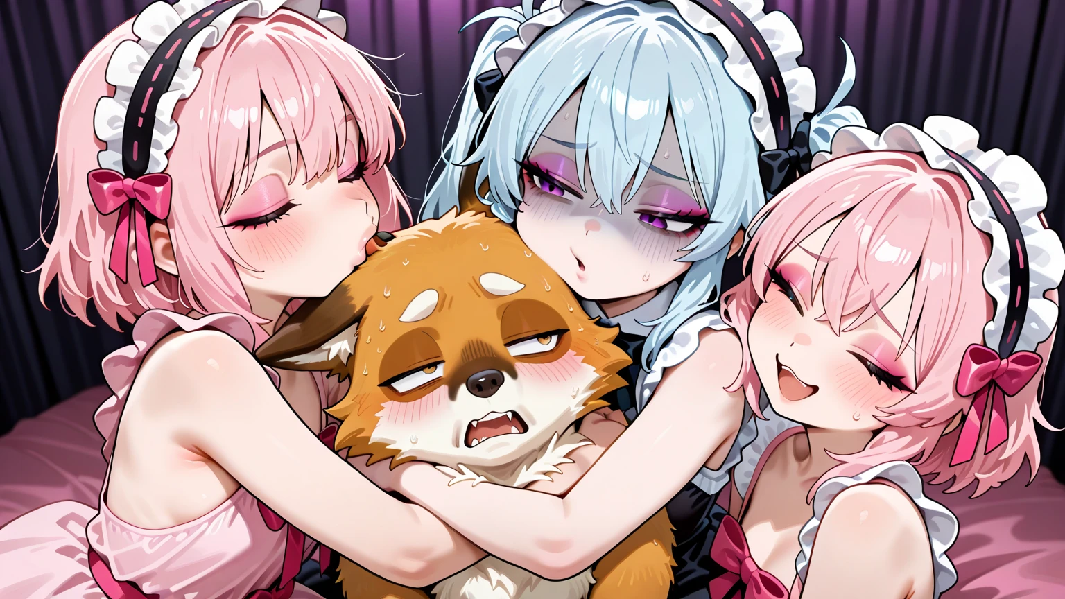 3 Girls,blonde hair , (((,,smile,open  by hands , Big breasts, ,pink highlight,pink pupils,Brown skin ,White skin,red blushing face,Scattered pink heart symbol ,hot breath))) , blush,View from below, (focus to body,body focus from below:1.4), Vibrant colors, Best Shadow, watercolor, ((3 girls close to the center nearby)),(()),(( spasm)),((love to viewer)),((stare to viewer)),((seduces viewer)),((open )),