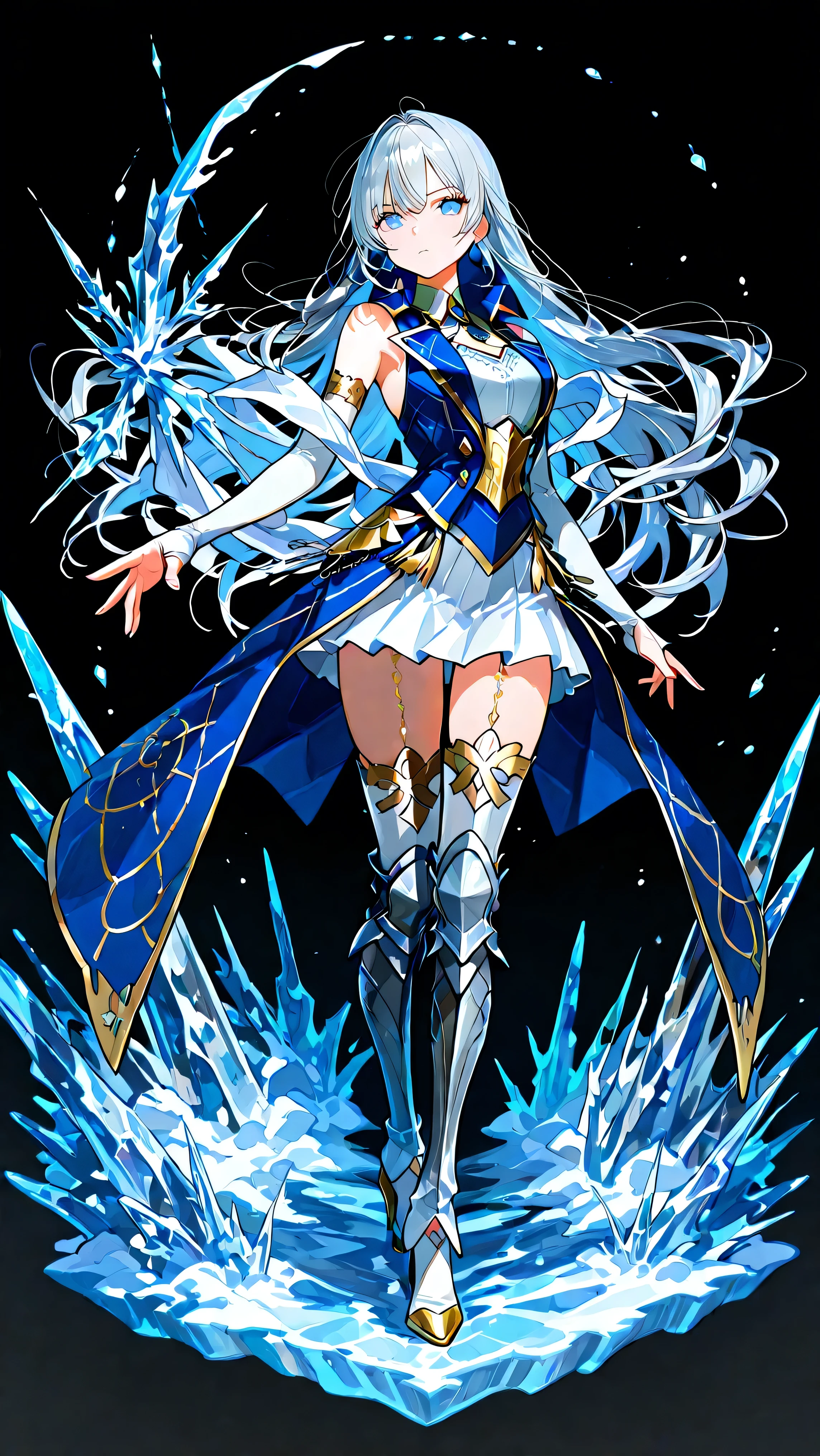 black background, 1girl, solo, masterpiece, female knight theme, beautiful woman with long silver hair, her hair has blue-streak on it, blue eyes and silky hair, hair down, white chest plate, wearing white knightly attire, long blue coatail, white skirt, decorated with golden details on her outfit, sleeveless coat (clothing cutout), sleeveless jacket (clothing cutout), she also wears white bridal handsock that wraps tight onto her entire arms, stockings underneath shin guards, armored high heels, standing, highly detailed, anime illustration, add golden intricate details on her overall outfit, action pose, ice, icicles, shirt collar