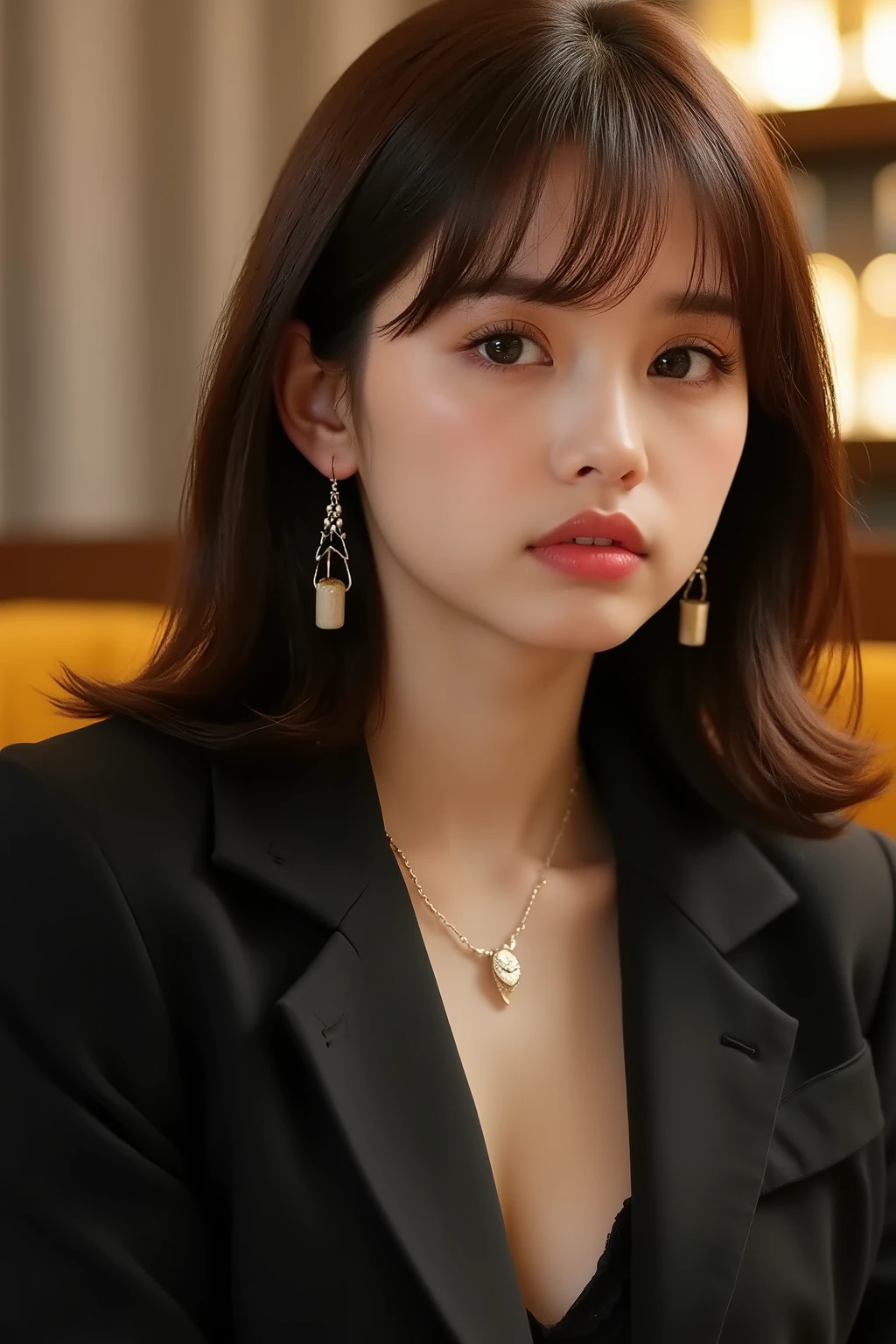 masterpiece、Highest Quality、Authentic、very detailed、Fine Details、Hi-Res、8K Wallpaper、Wearing a nice suit、In a nice pub、At night、Light Brown Disheveled Hair、Perfect dynamic composition that makes you look bigger、Beautiful Beautiful Eyes、Large Earrings、sitting on the sofa、