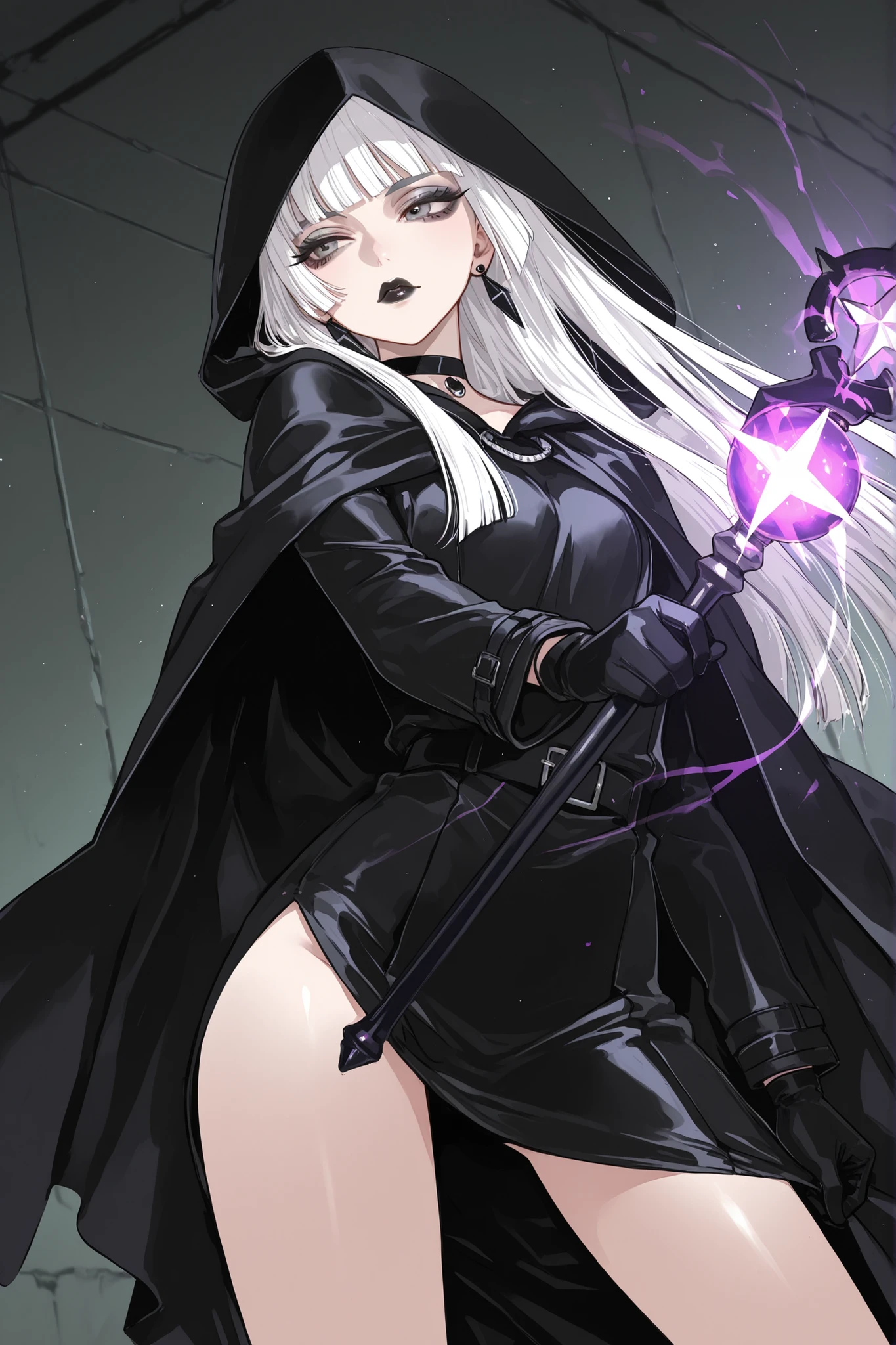 score_9, score_8_up, score_7_up, score_6_up,
1girl, teen girl, highschool age girl, black hooded cloak, black cloak accentuates the curves of her body, hood up, white hair, hime-cut hair, straight hair, long hair, grey eyes, thick lips, small, long eyelashes, black choker, blunt bangs, young adult, black eyeliner, earrings, black lips, grey eyeshadow, black lipstick, black gloves, standing, dynamic pose, holding a magic staff, dynamic angle, angled shot,