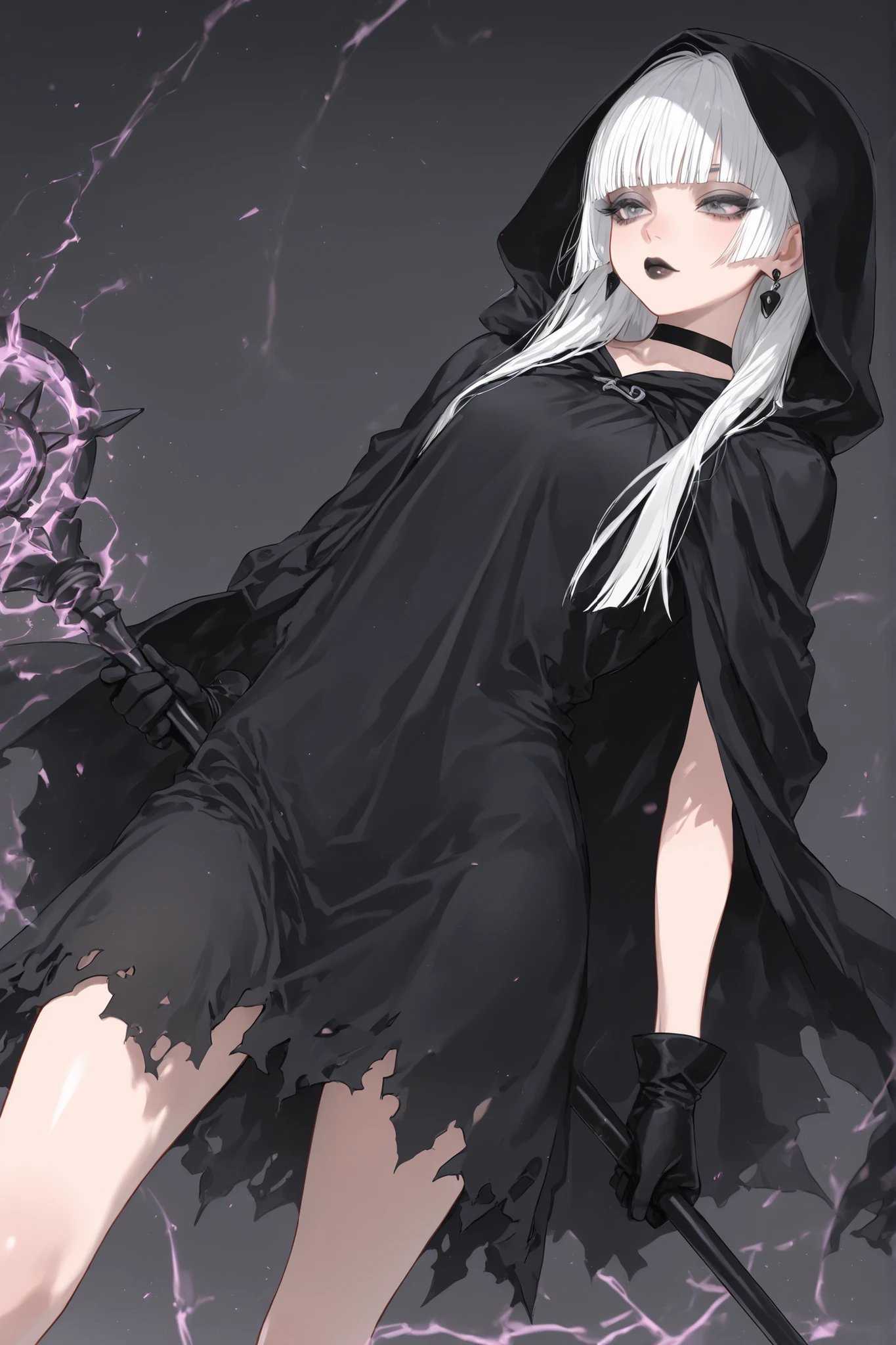 score_9, score_8_up, score_7_up, score_6_up,
1girl, teen girl, highschool age girl, black hooded cloak, black cloak accentuates the curves of her body, hood up, white hair, hime-cut hair, straight hair, long hair, grey eyes, thick lips, small, long eyelashes, black choker, blunt bangs, young adult, black eyeliner, earrings, black lips, grey eyeshadow, black lipstick, black gloves, standing, dynamic pose, holding a magic staff, dynamic angle, angled shot,