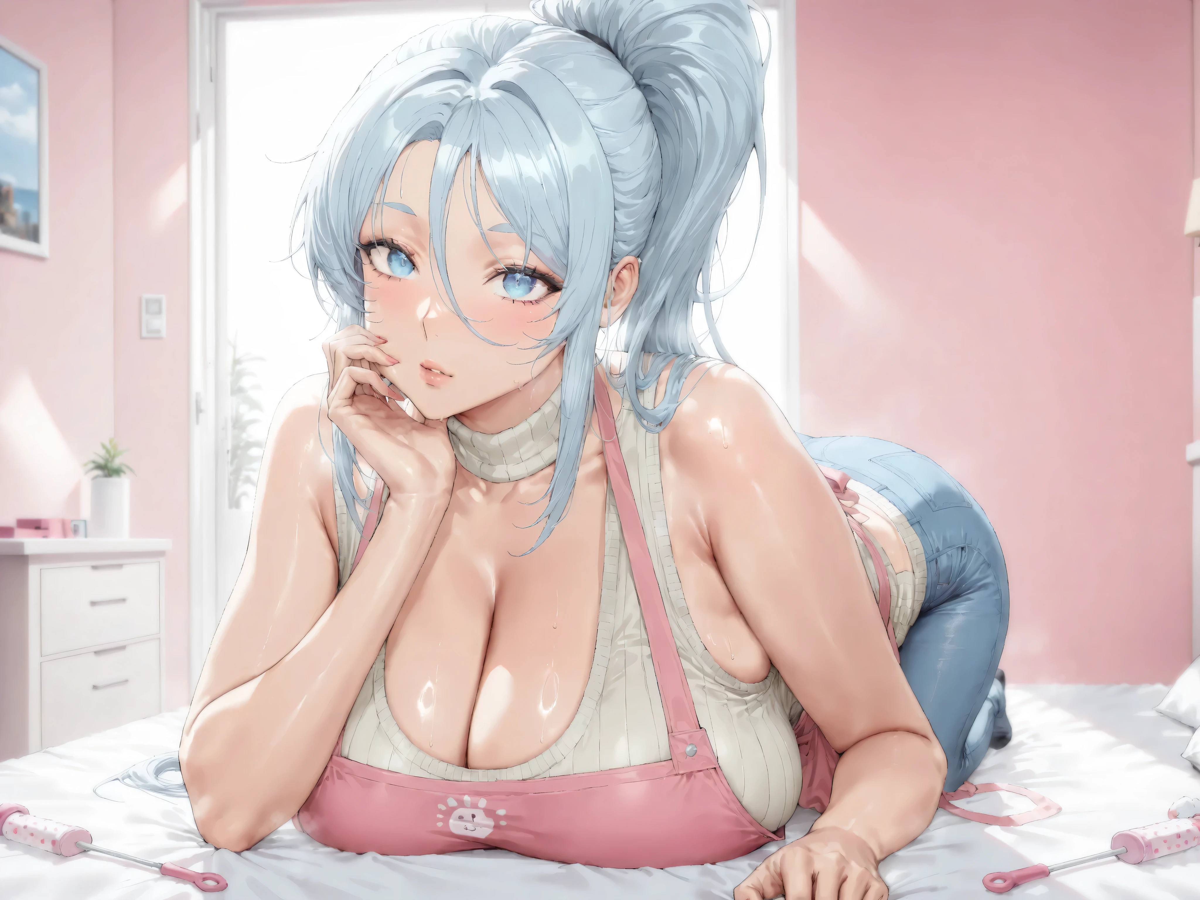 Sylpha / 실파 랑그리스, long hair, blue eyes, hair between eyes, light blue hair, high ponytail, sidelocks,
door up,((front view)),(rest one's chin on one's chin), a cute young woman indoors on a bed, ((on crawling and leaning forward)), masterpiece, best quality, amazing quality, very aesthetic.
Frontal view. Pink room, pink bedroom.
(artist: boingoo), (artist: laser flip), (artist: orushibu).
(cellulite:0.9).
((1 girl)), ((solo)).
glossy and beautiful skin, bright skin, plump lips, (No expression).
(
beige sweater dress,sleeveless turtleneck,jeans,(Pink apron),shortstack
)
Eyes wide open, droopy eyes.
(hand rattle) .
(huge breasts, sagging breasts, cleavage, white mucus on fabric).
Best quality, amazing quality, very aesthetic.