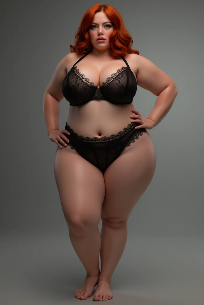 make a white woman, straight red hair,busty, big legs, muscled body, ?????? mark on bra, panties garter ?????, sculptural body