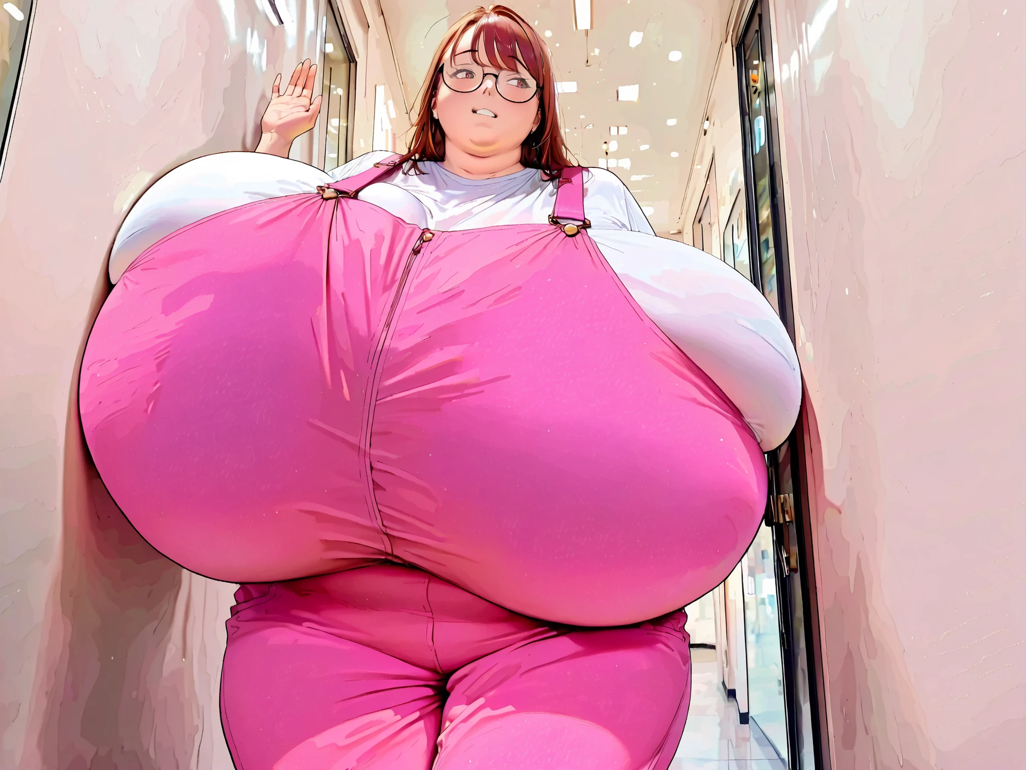1girl, fat neck, double chin, (wearing pink overalls, white shirt underneath), (unaligned breasts) (subtle covered nipples:1.2), (stuck in doorway, breast press against wall, standing) (detail face), (embarassed emotions:1.2), (inside a secluded mall:1.2) (macromastia:1.3) 1girl, solo, ,1 girl, large square glasses, (), (chubby girl), light beams), extreme details , volumetric lighting, high definition, realistic anime , (extremely detailed face:1.1), fantasy illustration, ()
) Best Quality, High resolution, 1girl in,) () Details breasts, Detail pose Detail Face, detail clothes fit, 1girl in, (gigantic heavy saggy breasts) (chubby girl, gigantic breasts), ()(gigantic covered breasts), (), (), , () , perfect lighting, cinematic composition, highly detailed, photorealistic, 8k, best quality , hyperrealisim) defined curves, skin texture, (from the side:1.2), (from below, low angle, looking at camera) (low sitting breasts:1.2) (long breasts:1.2), ,