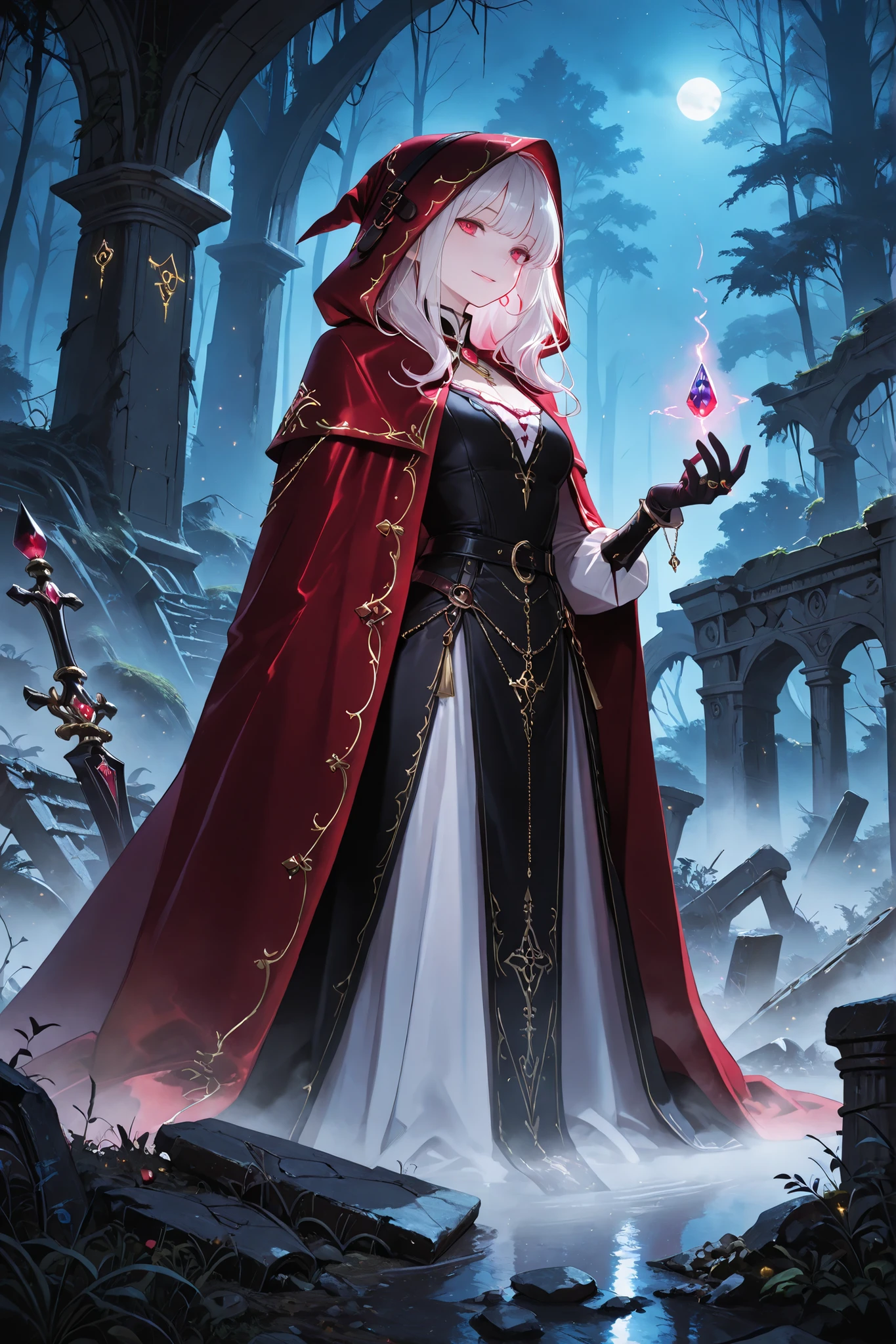 Highest Quality, masterpiece, depicting every detail, bewitching woman, Crimson Velvet Cloak, Hooded Face , Mysterious smiles, gold ornament, gemstone ring, Forest Floor, moonlight, Foggy Environment , pale light, Witch-like Atmosphere, Ancient Ruins, Mysterious Symbol