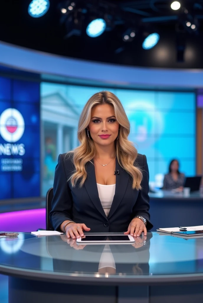 um close up de uma mulher sentada em uma mesa com um laptop, cabelos longos ondulados, olhos verdes bem delineados, rosto detalhado bem iluminado, sorrindo para a foto, planos de fundo detalhados pouco desfocados, luzes naturais, HDR, foto realista, foto profissional, flerte com o espectador, visual sexy, fotorrealista, Linda, pele natural, 8k UHD, alta qualidade, filmic grain, Fujifilm XT3fernanda suarez, Lorena Avarez, Andou na escola chatzipanagiotou, Carola Rubio, Valentina Embaralhamento, news broadcast, Adriana DXIM, reportagem, Advogado curdo, Marischa Becker, Mulher de 30 anos de Cuba