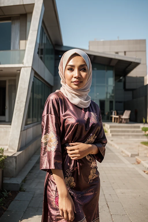 Malay girl in hijab, wear small floral pastel color lace  slow run in college, jogging, wear backpack, front view, hijab blown, windy, detail skin, age spot, detail skin texture, mole below eyes, small breast, flat chest, wide hips, small waists, thick thighs, slim abs, beautiful body, nighttime, laughing, happy, bright lighting, college student in background, crowded college, blur background, bokeh,