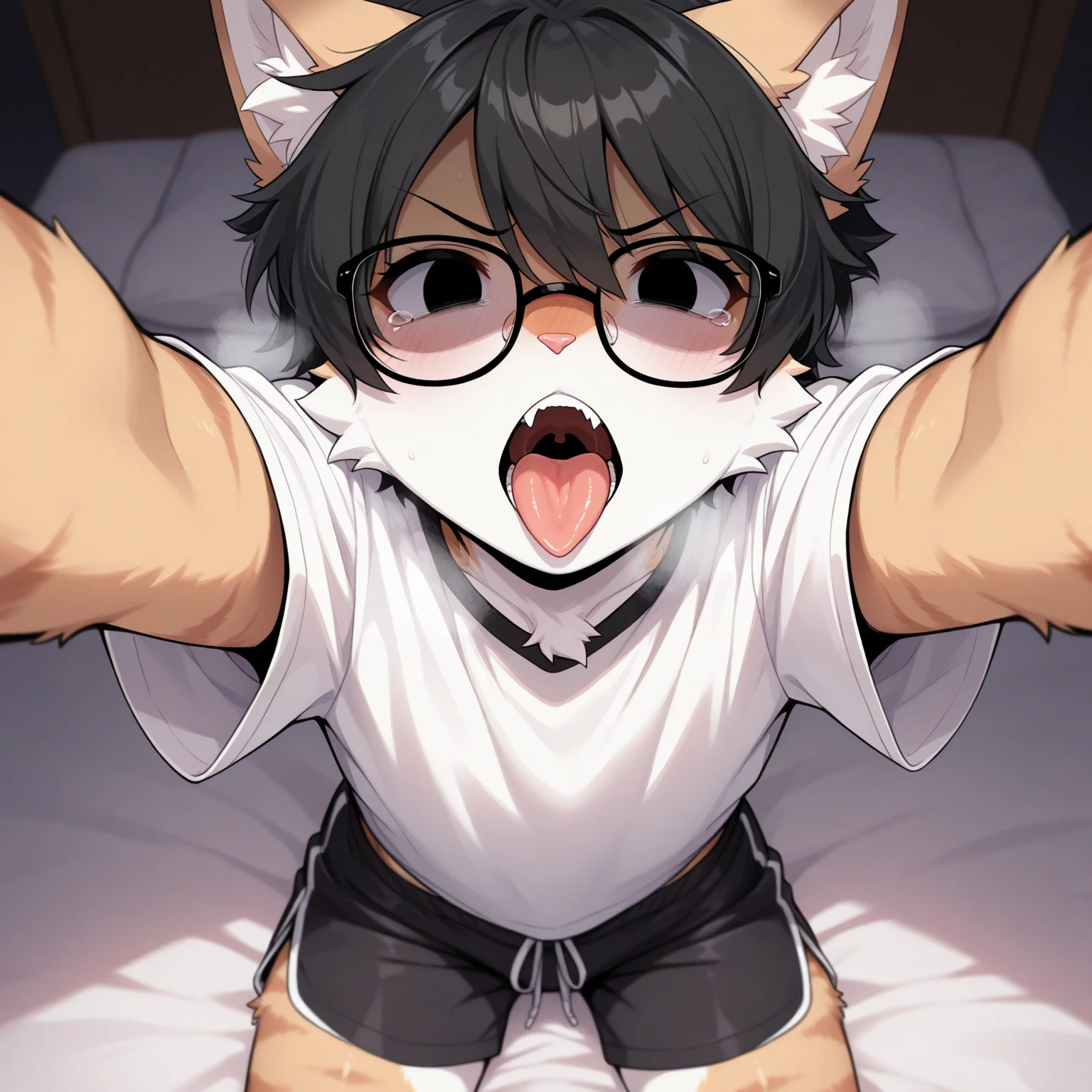  woman、、 (nose blush, Naughty, half opened eye, Drooling), [Full body shot]、、Plenty of 、pale pubic hair、Wearing a black dog collar,Full body shot,body piercings,Large 、Lying in bed、Hands tied above the head、Head-to-toe shots、Hand flail、fetters、、spout、There are a lot of them all over the body,The udder is squeezed out with a rope、Woman in chains、slightly turned to the side、The lower back is cramping up and down、Chest is bobbing up and down、Crying in pain、Both legs are raised above the head in a V-shape、Swing your hips up and down violently、、Lower your hips deeply、all the way to the base、The waist is on the floor、hanekawa tsubasa、her black hair is tied into two braids.、eye glass、Colossal tits、Colossal tits、