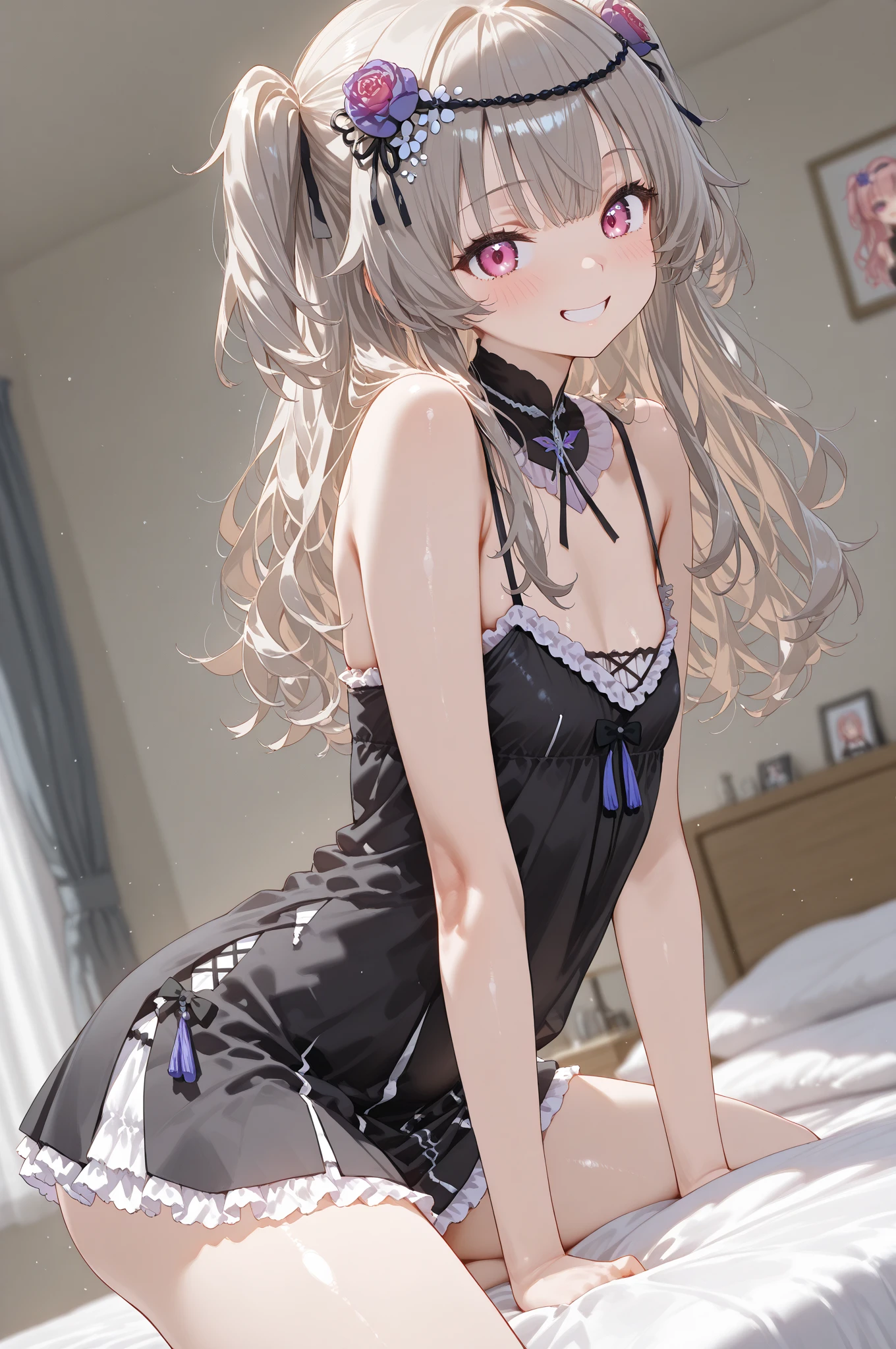 Himari Mei, masterpiece, , cute, flat chest, Selfie, black dress, detailed sparkling and brilliant purple eyes, head tilt, in princess style bedroom, cute and shy smile,  wide, showing off black , {{{}}}, squatting