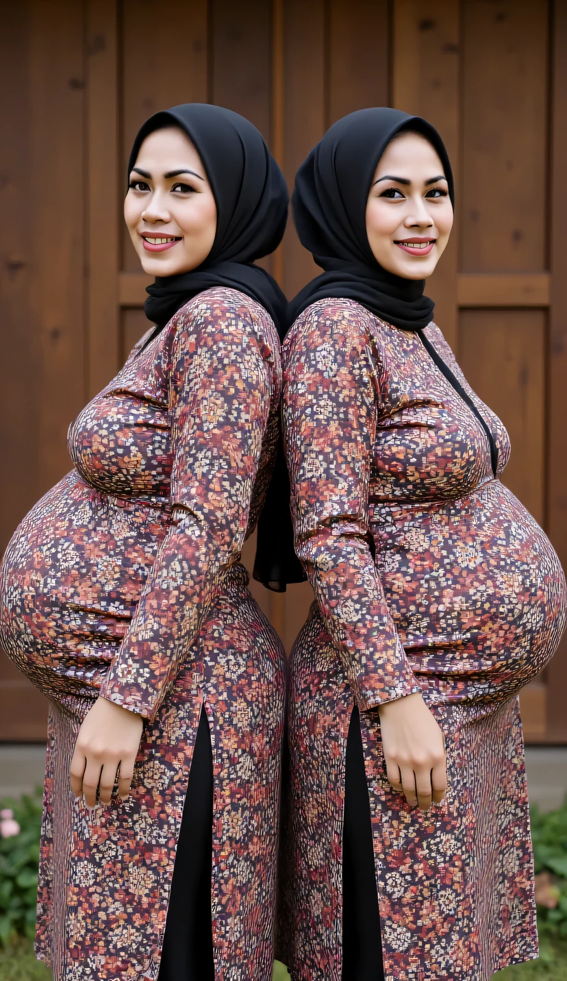 2 preggos 40 year old Indonesia women, pregnant huge belly, big belly, big ass, wearing tight batik dress muslim, hijab, looking camera, pose back to back, background in wooden wall , realistic,