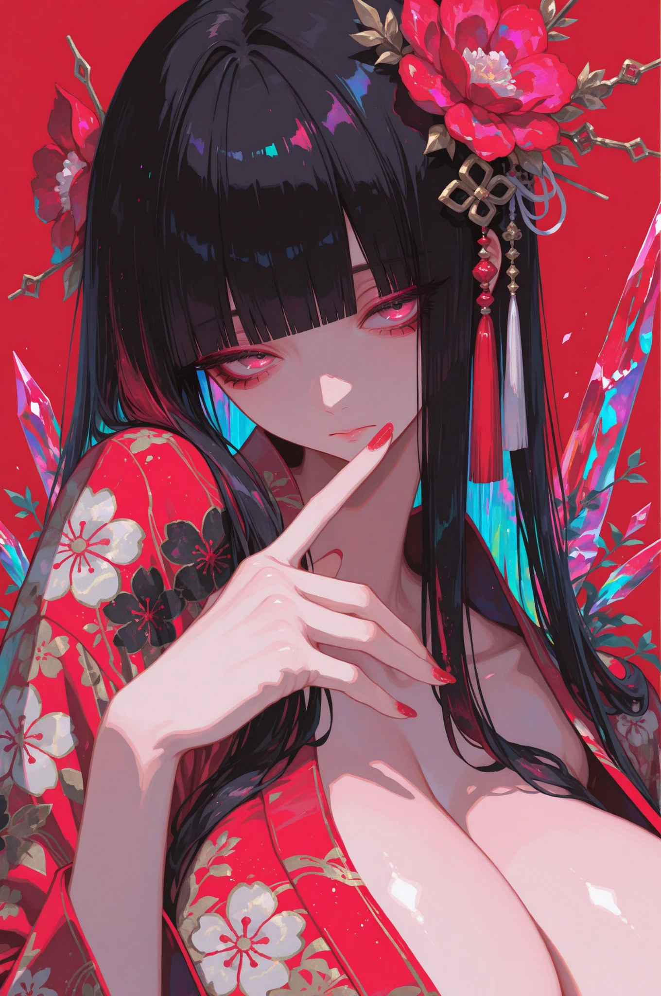 woman, solo, ethereal, crystal red nails, looking at viewer, bangs, pink eyes, long hair, black hair, hair ornament, hand up, flower, blunt bangs, closed mouth, tassel, ribbon, portrait, colorful, floral yukata, multicolored hair, upper body,  huge breasts, facing forward, simple background, red_background,