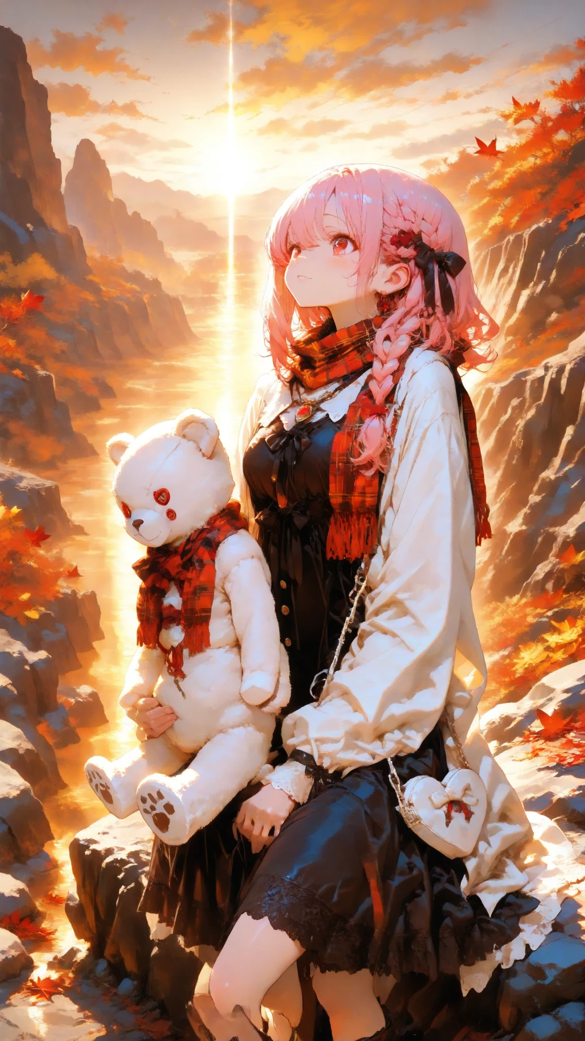 pink hair,  Braided Hair,Sophisticated Nanyan,Gentle red eyes, smooth and soft skin,  red plaid scarf , Background,(masterpiece, Highest Quality:1.2),  cute white teddy bear,anime style, cinematic lighting, autumn sunset, pink-haired girl “Iroha” with soft wavy shoulder-length hair tied with a black ribbon, gentle red eyes, wearing a white cloak and black inner dress, holding a white teddy bear “Yuri” with red ribbon around its neck and small button eyes. She stands on a rocky cliff above a glowing golden valley, holding a ceremonial silver sword reflecting sunset light. maple leaves fluttering, soft wind, atmosphere of melancholy and hope, painterly style, high detail, warm golden tone.