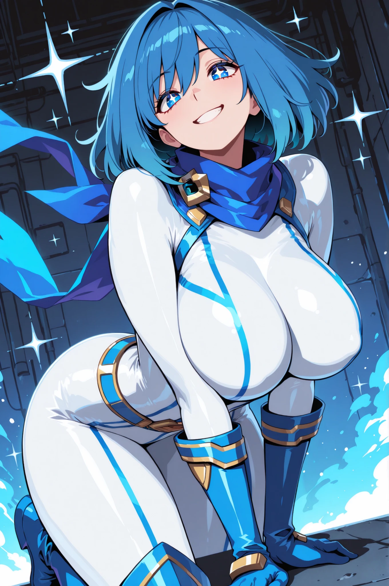 (masterpiece, best quality), absurdres, newest, intricate detail, Beautiful_face, Blue_Hair, sparkling_Eyes, SFW-full_bodysuit, (((White_bodysuit))), Blue_scarf, Blue_Gloves, Blue_boots, huge_breasts, (Super-heroine Sea-chan), bold, adventurous, charismatic smile, (1970s Japanese Tokusatsu superheroine)