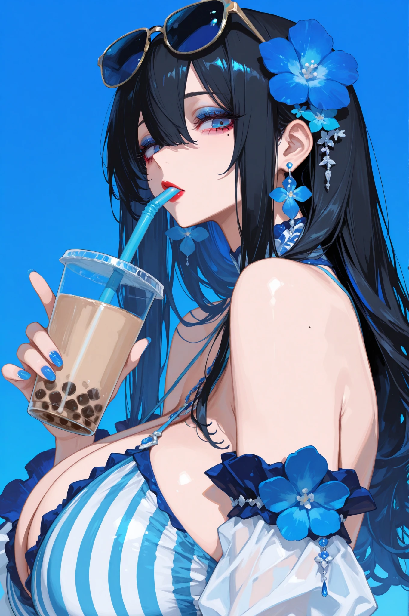 masterpiece,best quality,amazing quality, 1girl, solo, long hair, looking at viewer, blue eyes, hair ornament, dress, holding, jewelry,upper body, flower, earrings, food, detached sleeves, hair flower, striped clothes, nail polish, mole, from side, blue sky, cup, looking to the side, mole under eye, makeup, blue dress, fruit, blue background, sunglasses, holding cup, eyewear on head, blue nails, blue flower, vertical-striped clothes, drinking straw, blue theme, drink, red lips, striped dress, vertical-striped dress, holding drink, bubble tea, drinking straw in mouth, gigantic breasts, black hair,long hair,hair between eyes