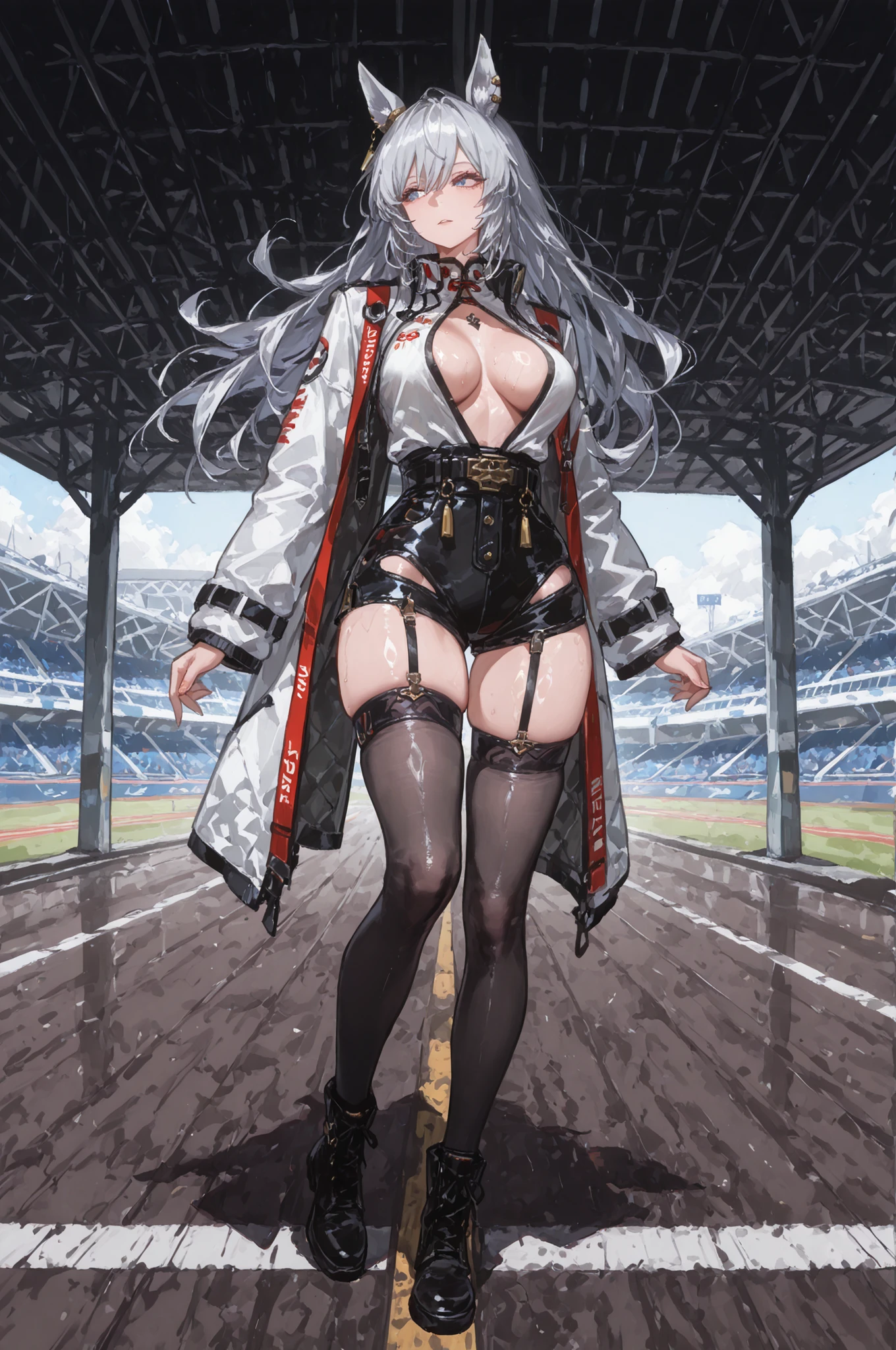 lawnの上、racecourse、緑のlawn、新緑のlawn、、Yee Xuan、Collapse Starrail、Racecourse、Uma Musume、horse ear、Jirio Mahonoko、 A sophisticated eye 、Full Body、GBF_style、748cm style for bigi、32K、semi-realistic、  super detailed description on the front 、art work、Original Work、 Detailed Color、 detailed eyes、 detailed face 、Detailed Eyes、detailed eyes、Exquisite eyes, The best傑作、professional job、Beautiful , Lots of Piercings, pop art, shiny skin, realistic skin, The best, long hair, blue eyes,    cool look, narrowed her eyes, viewers, Silver Hair、lawn、Racecourse、Turf、Race Course 、dynamic pose 、緑のlawn,Racecourse、lawn、Black Knee Socks、緑のlawn、black hotpants、black hotpants、black tights、lawnの上、frustrated、Three-quarter sleeves、3/4 sleeve long coat、Red and white coat 、red and white two-tone coat、Garter Belt for One Leg、Yee Xuan、open  clothes、black long boots、tall woman、adult woman、black inner