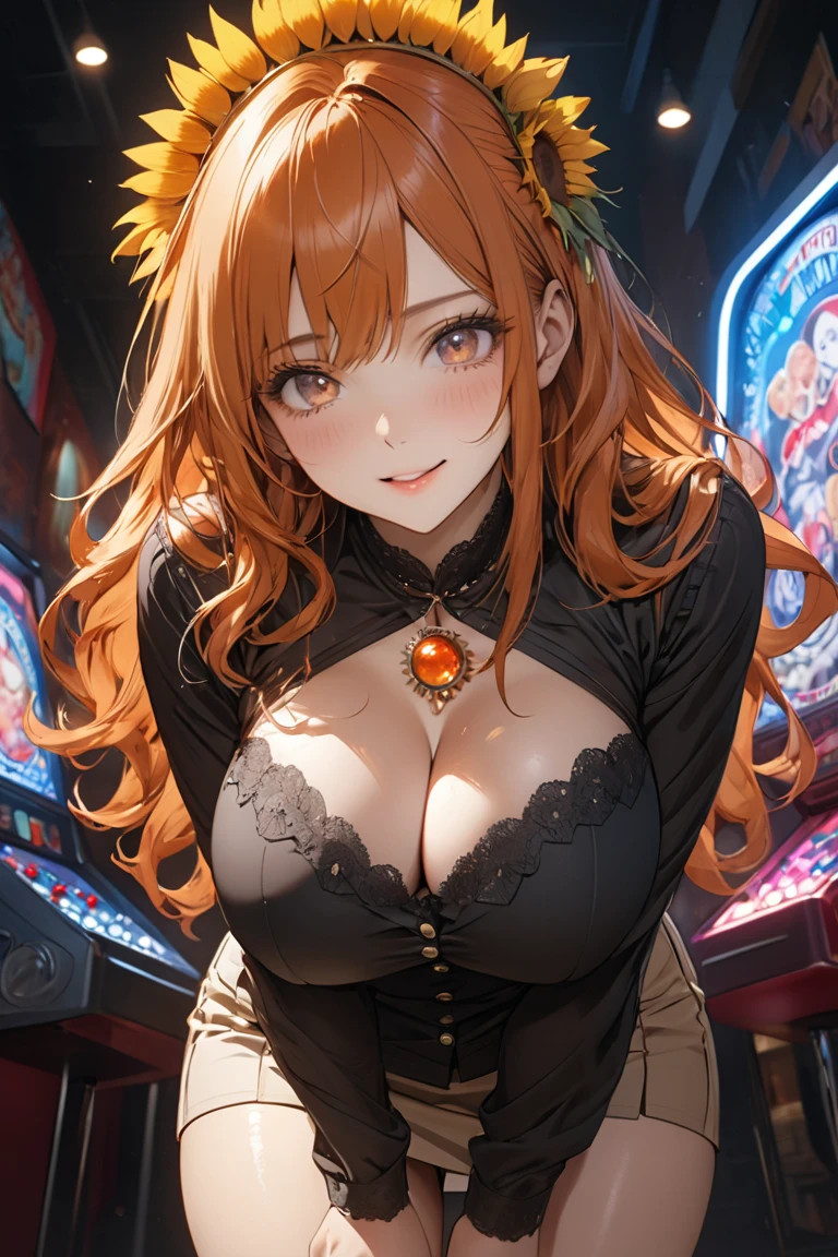 One girl,Slope, Slope_background, green_background, Looking_in_Audience, pink_hair, Solo by JM、Sexy proportions、Narrow waist、Slender figure、smile、Inner Color(orange)、Lace decoration