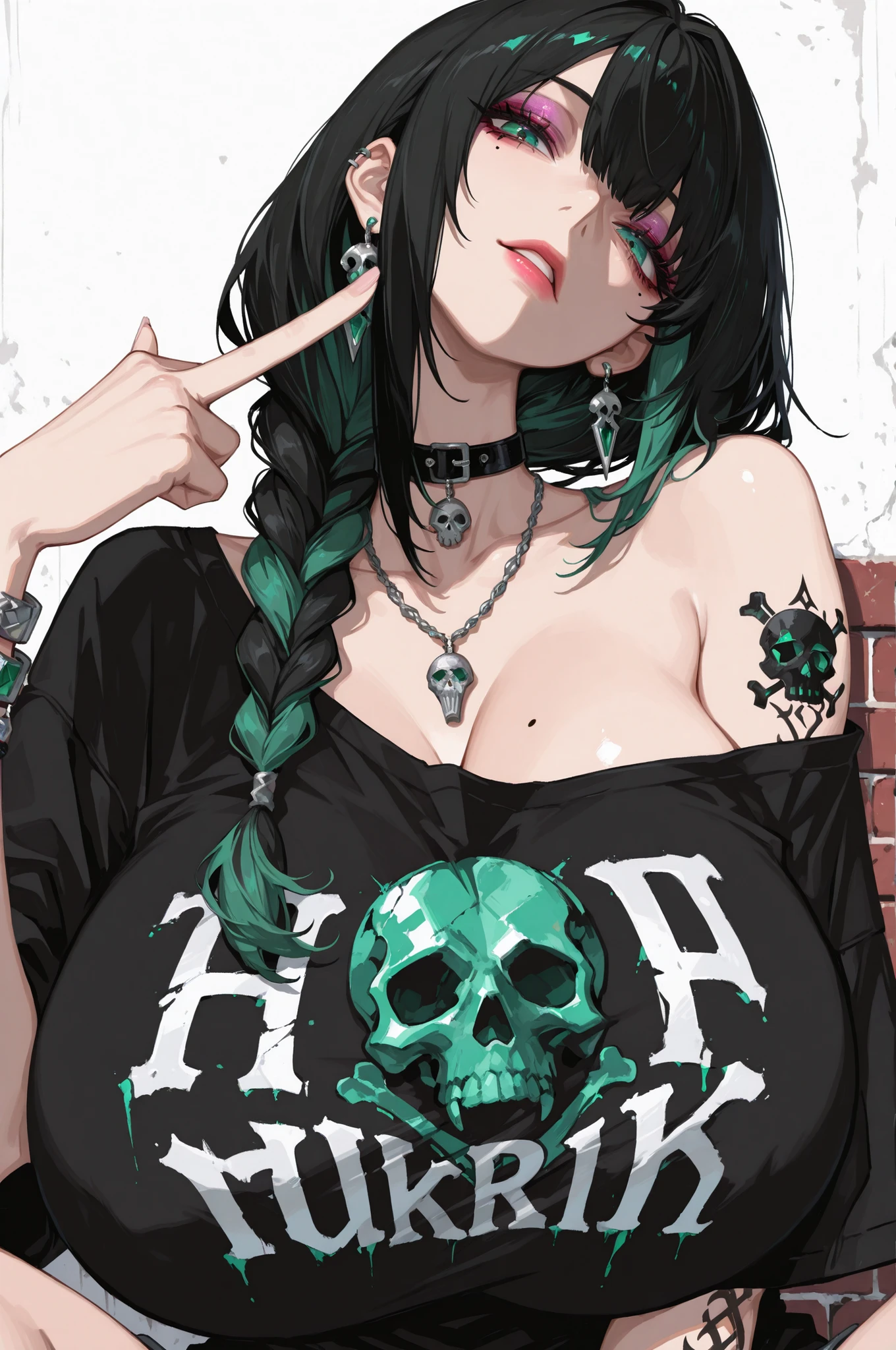 1girl, black hair, emerald eyes, long hair, braid, off shoulder, parted lips, multicolored hair, single braid, lips, bare shoulders, collar, makeup, earrings, shirt, choker, necklace, short sleeves, off-shoulder shirt, t-shirt, armlet, gigantic breasts, bracelet, looking at viewer, head tilt, sitting, middle finger up, mole, solo, upper body, print shirt, simple background, white background, clothes writing, jewelry, mole under eye, tattoo, graffiti, arm tattoo, black shirt, black choker, skull print, brick wall, braided ponytail, three quarter view, masterpiece, best quality, very aesthetic, absurdres