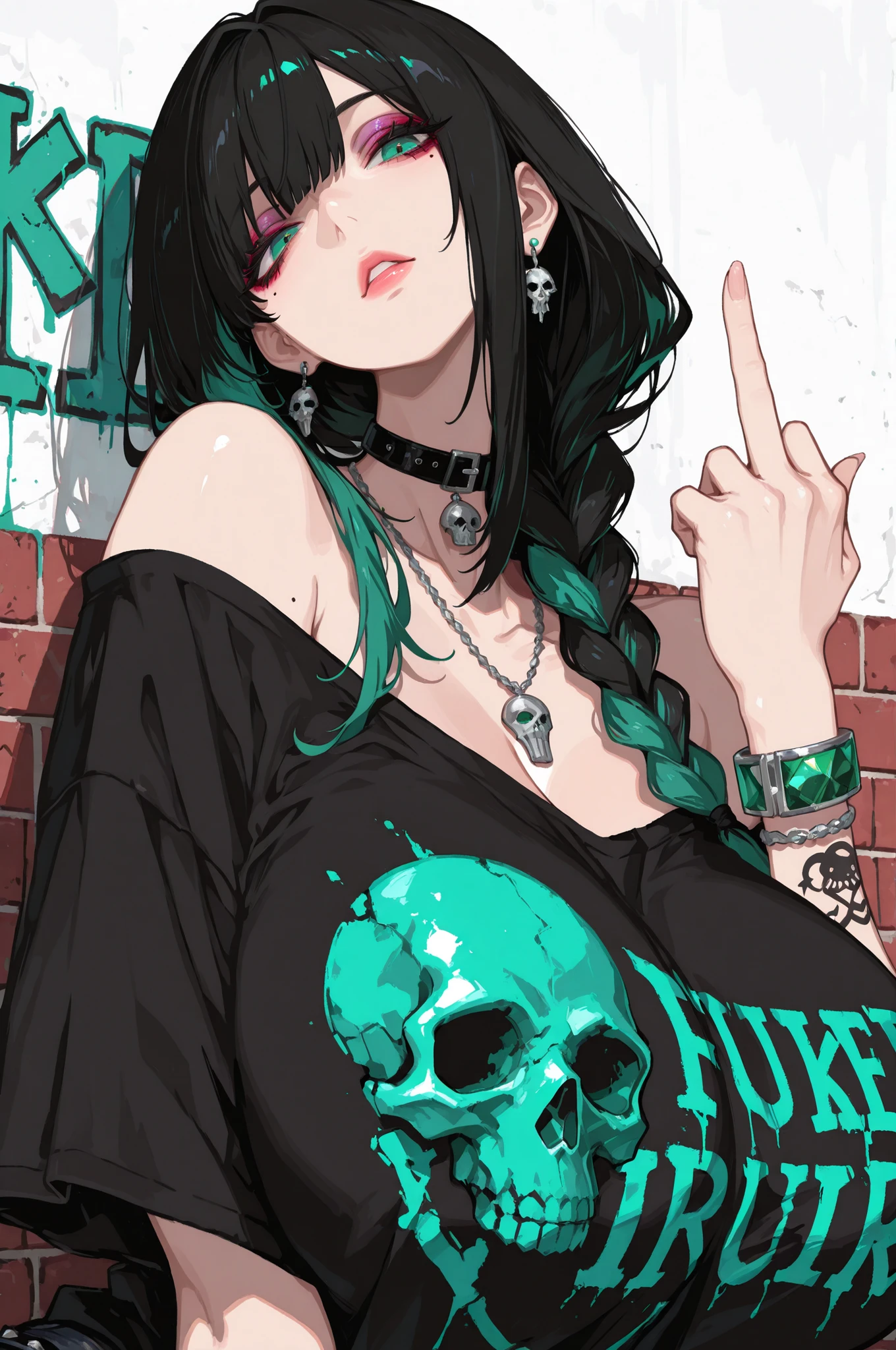 1girl, black hair, emerald eyes, long hair, braid, off shoulder, parted lips, multicolored hair, single braid, lips, bare shoulders, collar, makeup, earrings, shirt, choker, necklace, short sleeves, off-shoulder shirt, t-shirt, armlet, gigantic breasts, bracelet, looking at viewer, head tilt, sitting, middle finger up, mole, solo, upper body, print shirt, simple background, white background, clothes writing, jewelry, mole under eye, tattoo, graffiti, arm tattoo, black shirt, black choker, skull print, brick wall, braided ponytail, three quarter view, masterpiece, best quality, very aesthetic, absurdres