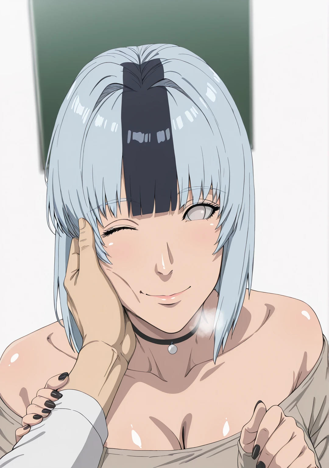 L_Cation2, Babu-style, Hgk, (jeneral-style:1.2), (suou-sensei-style:1.4), (saintshiro-style:1.2), (imizu_(nitro_unknown)-style:1.3), (anime coloring, anime screencap), shiny skin, Hand drawn, cinematic, Sharp focus, humorous illustration, big depth of field, Masterpiece, concept art, trending on artstation, Vivid colors, Simplified style, trending on ArtStation, trending on CGSociety, Intricate, Vibrant colors, Soft Shading, Simplistic Features, Sharp Angles, Playful, (voluptuous body:1.4), (mature female:1.4), (cellulite:1.3), ((anatomical correct)), perfect body, perfect eyes, perfect fingers, gasping, heavy breathing, gasping profusely, (()), ((curvy, thigh gap)), hinata, 1girl, mature female, short hair, bob cut, bangs, blue hair, pearl eyes, no pupils, , plump, 1girl, hand_on_another's_face, hand_on_another's_cheek, black_nails, looking_at_viewer, smile, pov_hands, choker, pov, solo_focus, nail_polish, upper_body, white_background, simple_background, closed_mouth, sensei_(blue_archive), 1boy, sleeves_past_wrists, long_sleeves, collarbone, off_shoulder, black_choker, cheek press, wink,