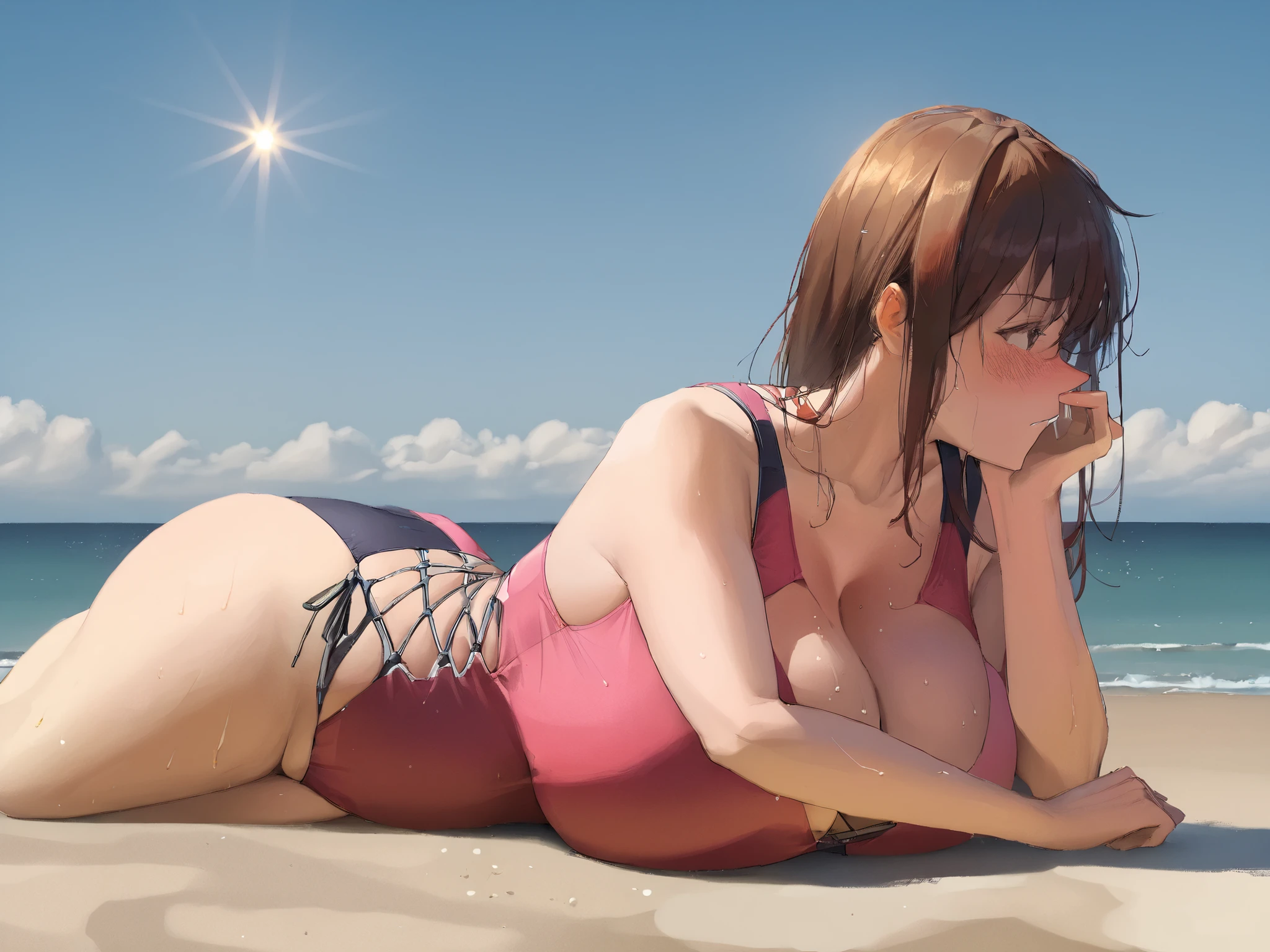 1girl, fat neck, double chin, wearing a one piece swimsuit, cross-laced one-piece swimsuit, pink one-piece swimsuit (detail face), (laying down on her back) , (from the side) (deep cleavage, breast stacking), (at a secluded beach early morning background:1.2) (macromastia:1.3) 1girl, solo, ,1 girl, (), (), light beams), extreme details , volumetric lighting, high definition, realistic anime , (extremely detailed face:1.1), fantasy illustration, ()
) Best Quality, High resolution, 1girl in,) () Details breasts, Detail pose Detail Face, detail clothes fit, 1girl in, (gigantic heavy saggy breasts) (chubby girl, gigantic breasts), ()(gigantic covered breasts), (), (), , () sunlight shafts , perfect lighting, cinematic composition, highly detailed, photorealistic, 8k, best quality , hyperrealisim, (), hyper breasts, () (jab style) () (by norman rockwell) defined curves, skin texture, (full body shot:1.1), (grumpy, annoyed, disgusted emotions:1.2) (low sitting breasts:1.2) (long breasts:1.2), ,