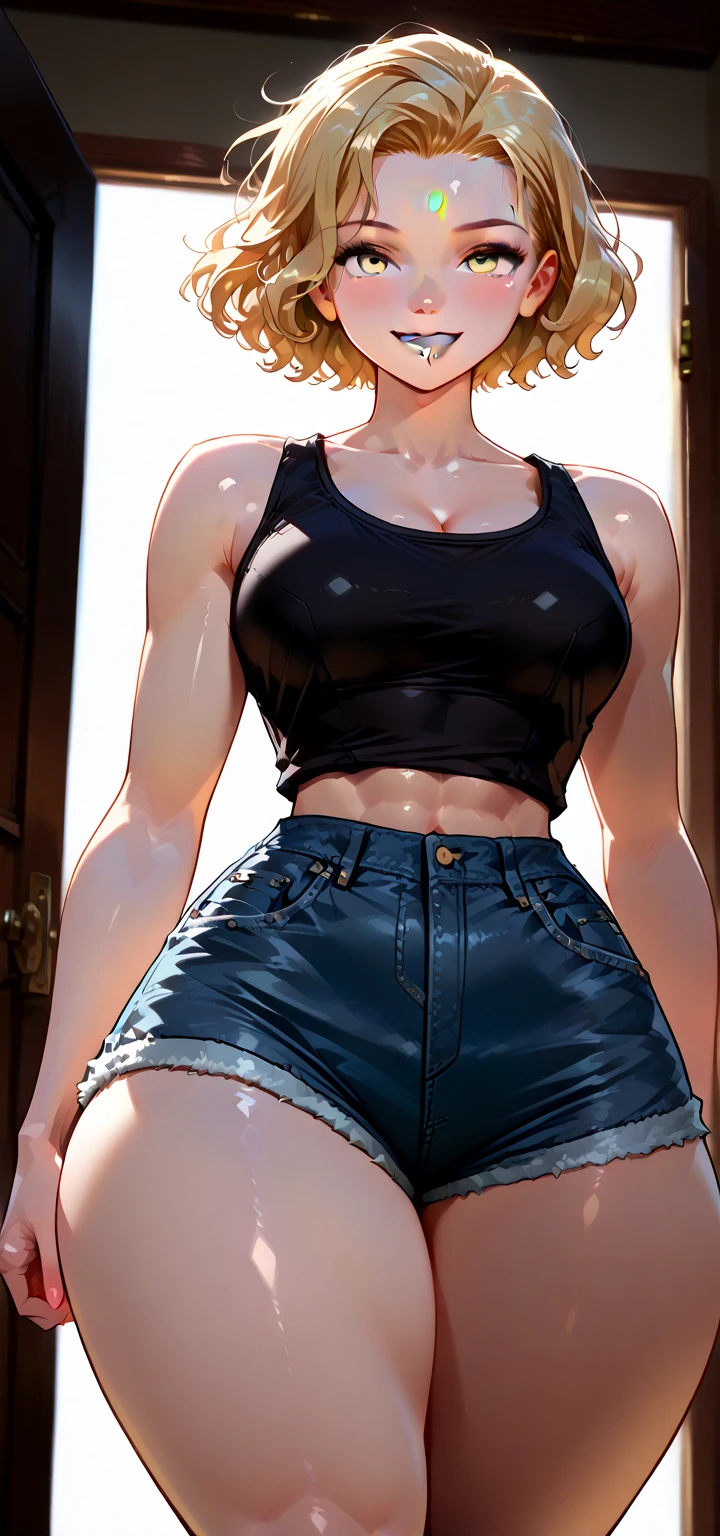 (Best quality, ultra high resolution, 8k RAW photo, Masterpiece :1.3), (realistic, photorealistic: 1.37, textile shading, thin outline, clear focus), (1 girl), (beautiful matured woman, 28 years old, ???? style), (milf:1.5), (slim), (emphasizing slender abs :1.3), (tight tank top and tight jean shorts that accentuate her ??????????? and thighs), (random pose), (random hairstyle), (fuge ??????:1.3, sagging ??????, big ????:1.3, big ???), (outdoors), (Ultra-detailed face), (Detailed eyes), (Double eyelids), (eyeshadow intensifyinany eyelashes), (long legs), (natural lighting), (ideal body ratio of proportions), (cyberspace:1.3, purple lighting effects), (looking at viewer)