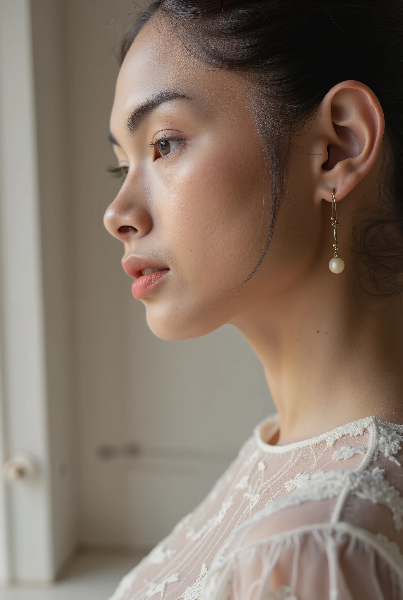 A side Profile photo    S+R  closeup woman face detail texture skin . Aside pose
